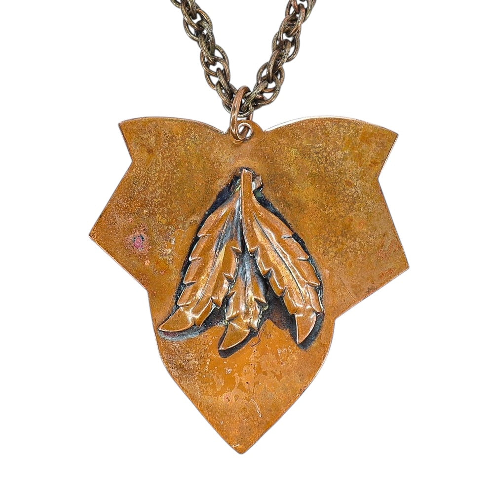 Vintage Handcrafted Copper Pendant Necklace – Raised Leaf Design on Shield, Patina