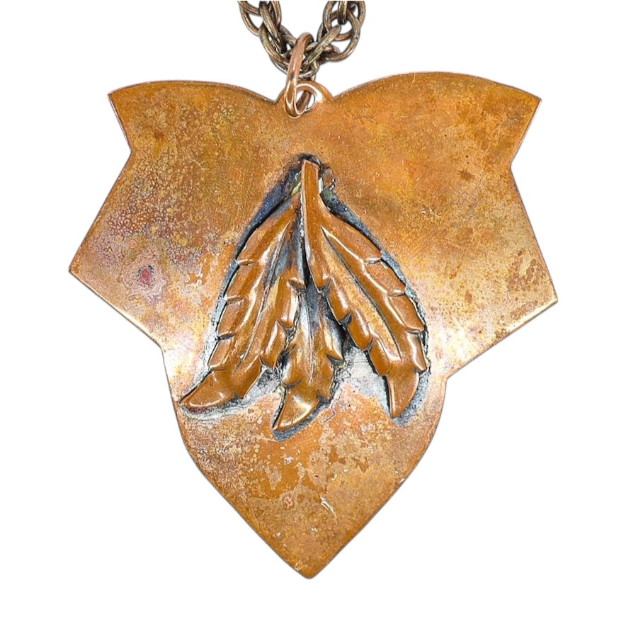 Vintage Handcrafted Copper Pendant Necklace – Raised Leaf Design on Shield, Patina