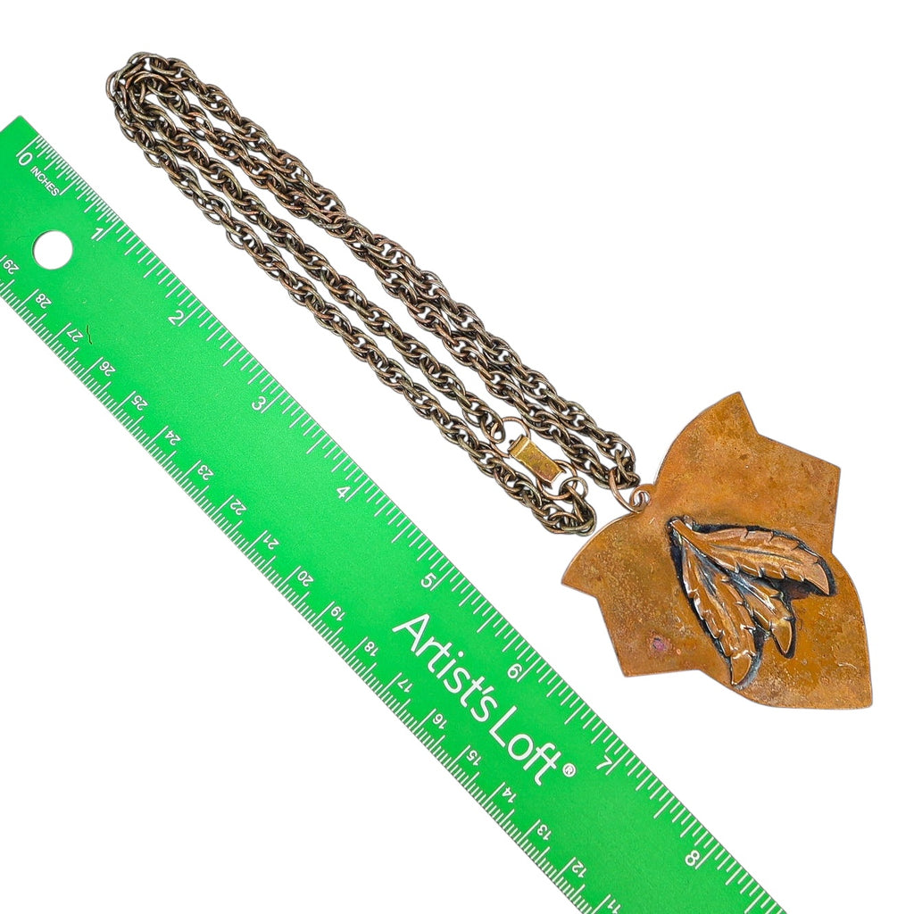 Vintage Handcrafted Copper Pendant Necklace – Raised Leaf Design on Shield, Patina
