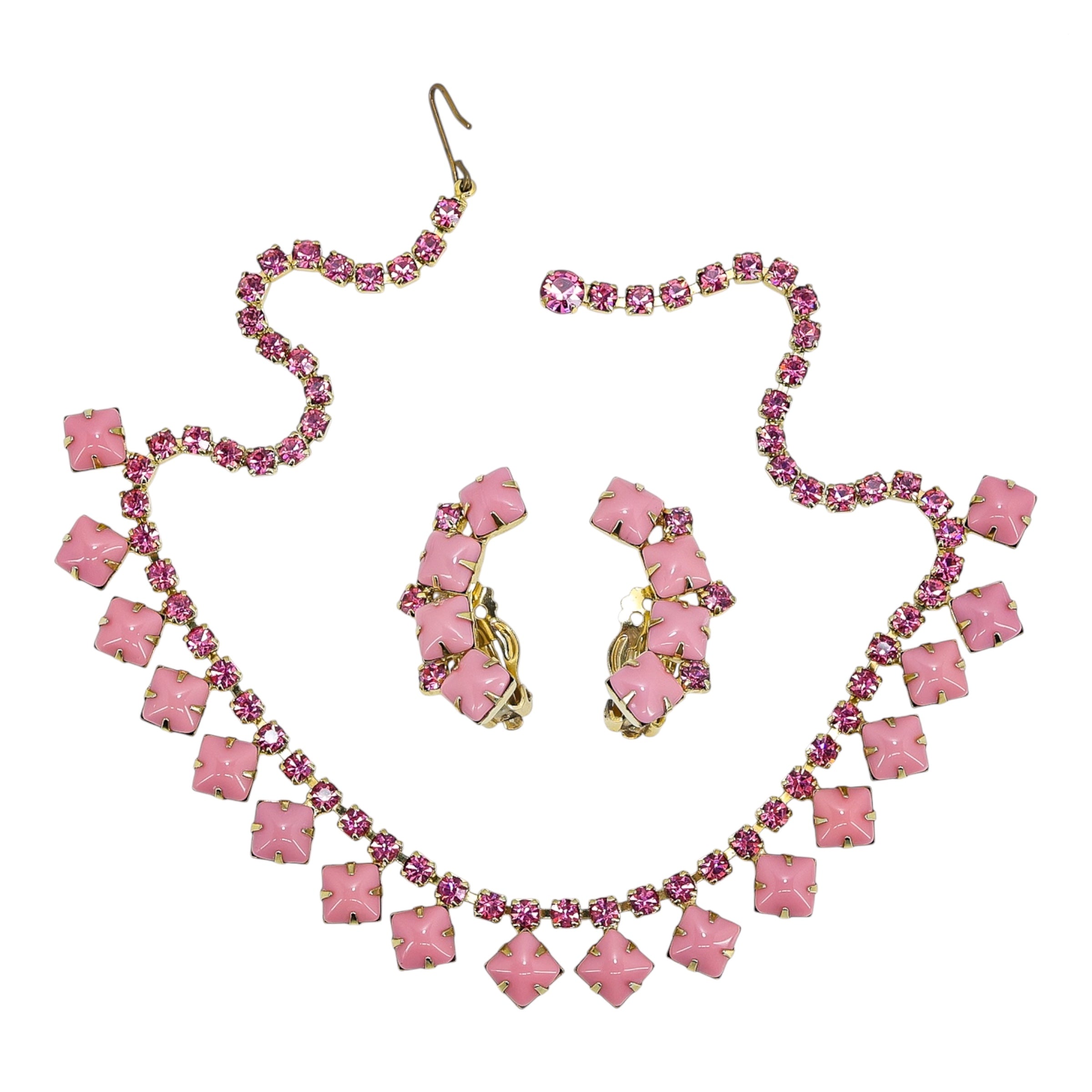 Vintage Mid Century Pink Rhinestone Choker Necklace & Clip Earrings Set Gold Tone
