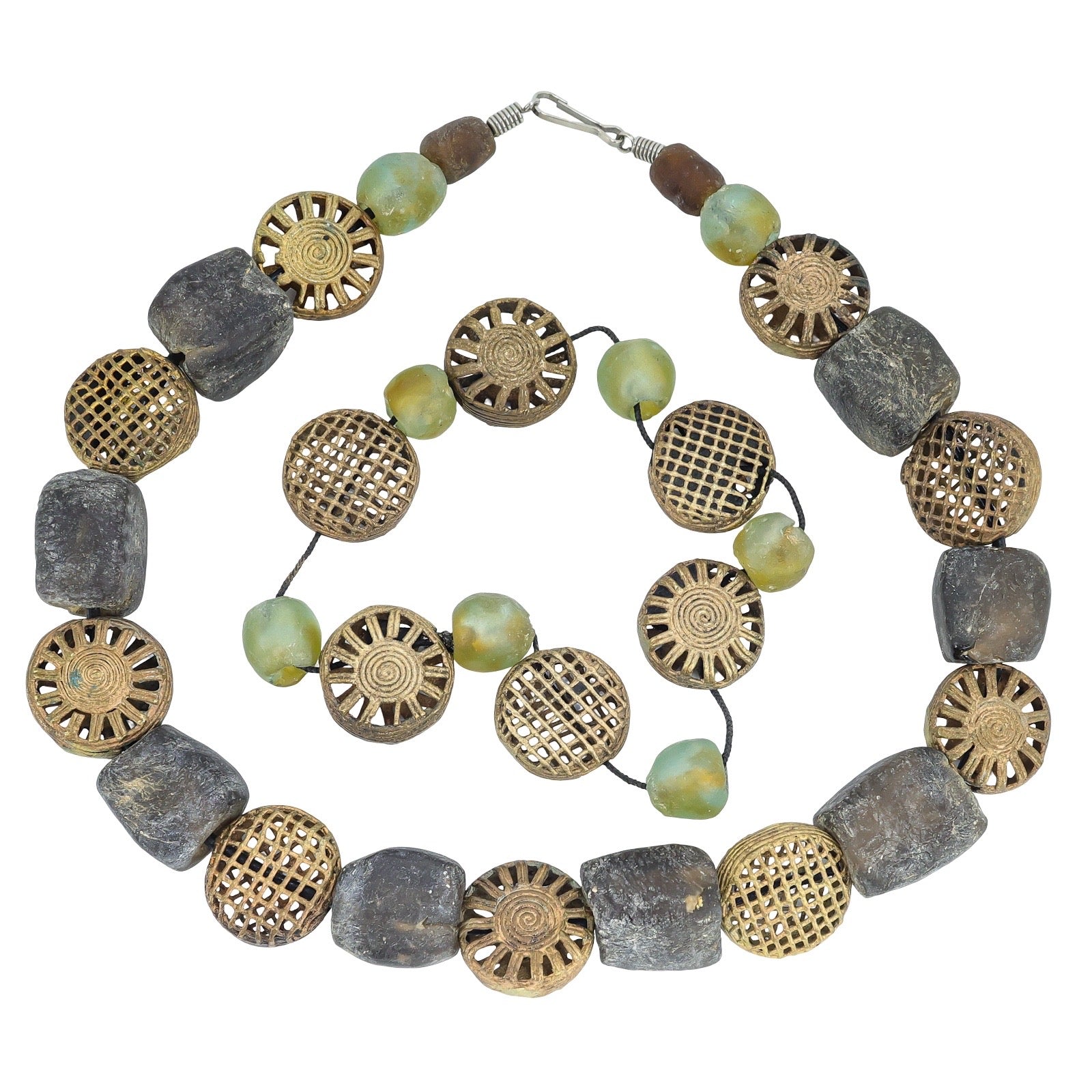 Vintage Large Baule/Ashanti Lost-Wax Brass & Weathered Smoky Powder Glass Necklace Set
