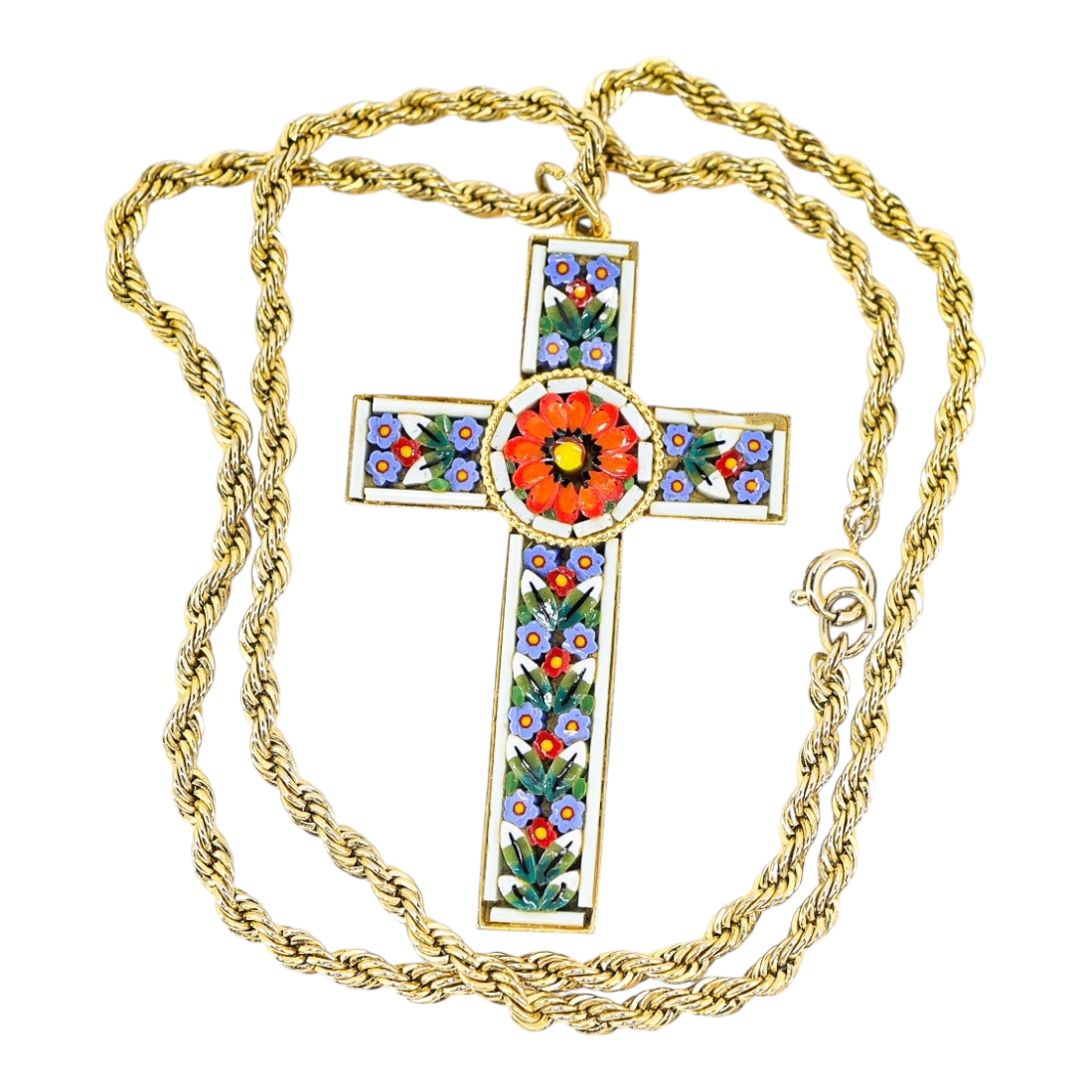 Vintage Italian Micro Mosaic Cross Pendant Necklace, Gold Tone Rope Chain