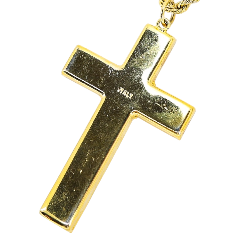 Vintage Italian Micro Mosaic Cross Pendant Necklace, Gold Tone Rope Chain