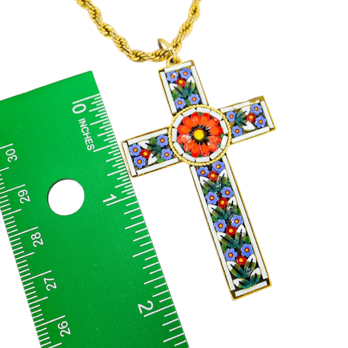 Vintage Italian Micro Mosaic Cross Pendant Necklace, Gold Tone Rope Chain