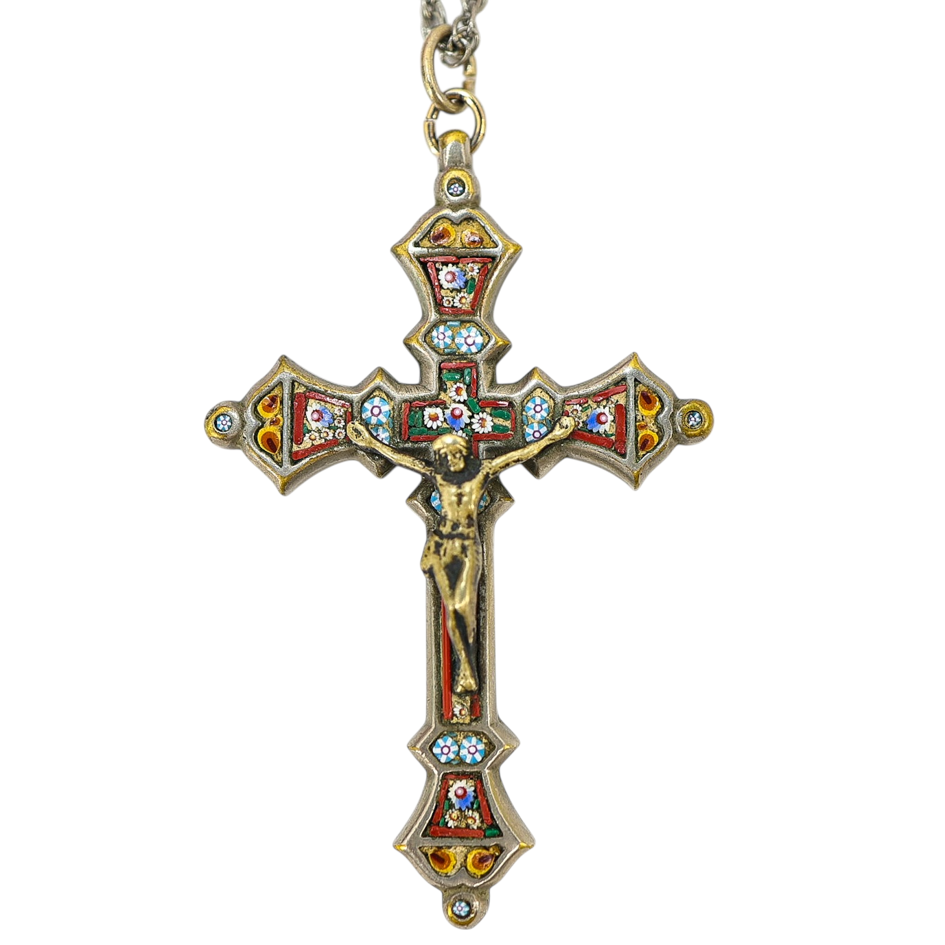 Vintage Italian Micro Mosaic Crucifix Pendant Necklace