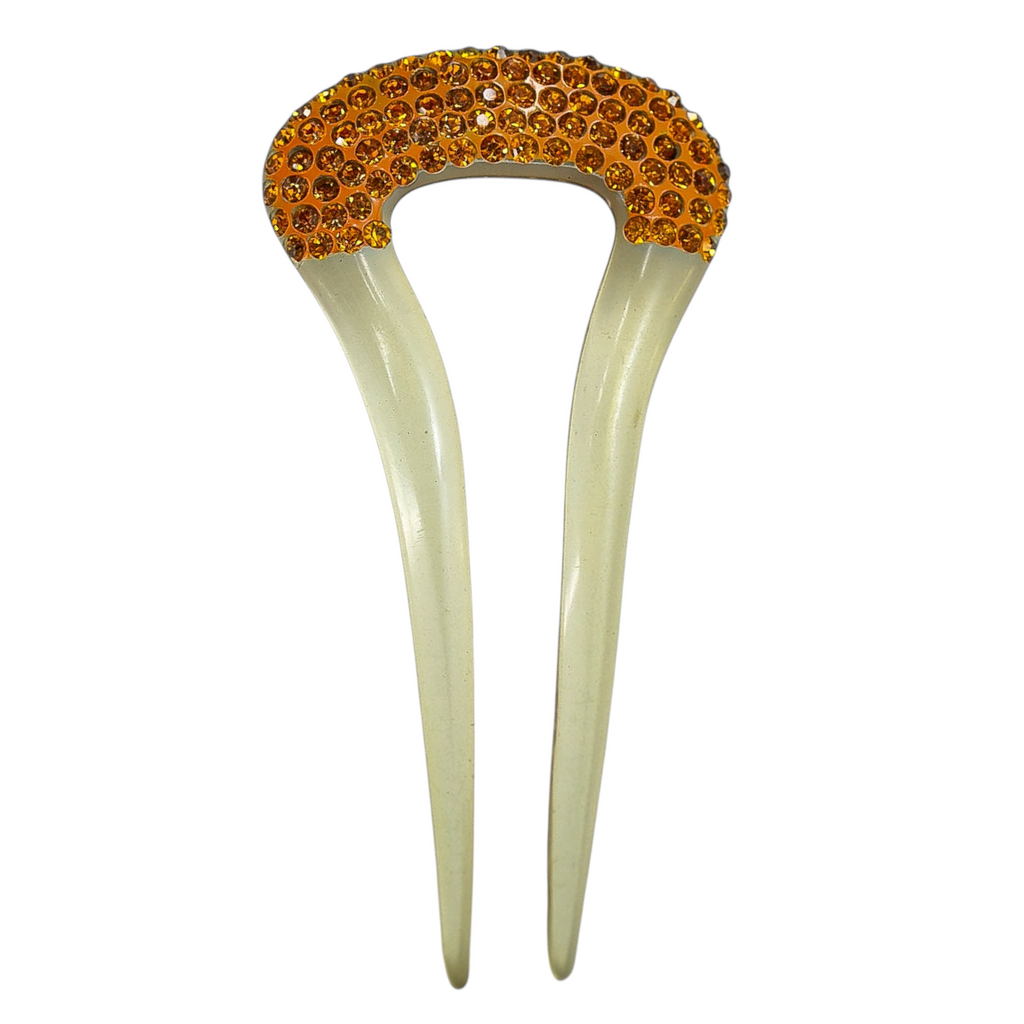 Antique 1920s Gatsby Art Deco Hair Fork – Amber Rhinestone Celluloid Comb