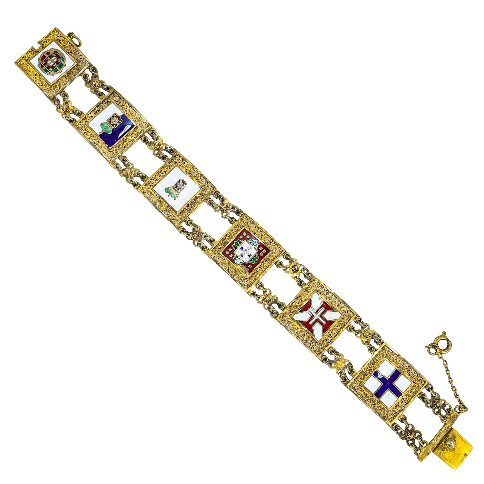 Vintage Topazio Portugal Sterling Silver Vermeil Enamel Heraldic Panel Bracelet