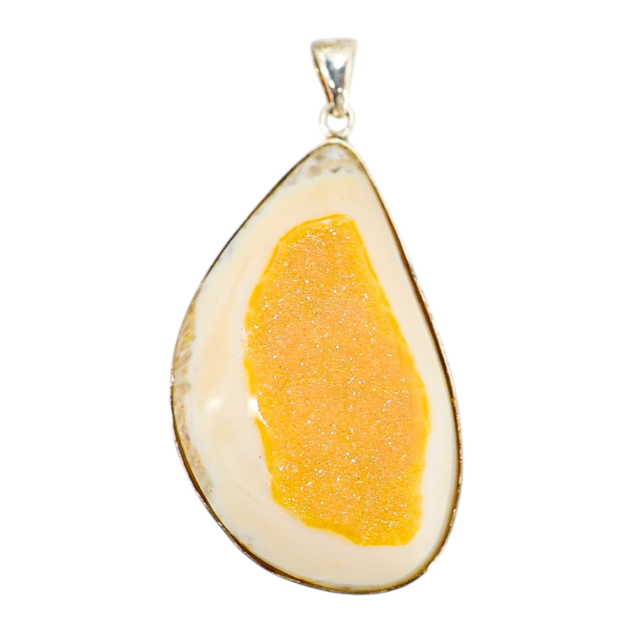 Yellow Druzy Agate Organic Freeform Modernist Pendant in Sterling Silver