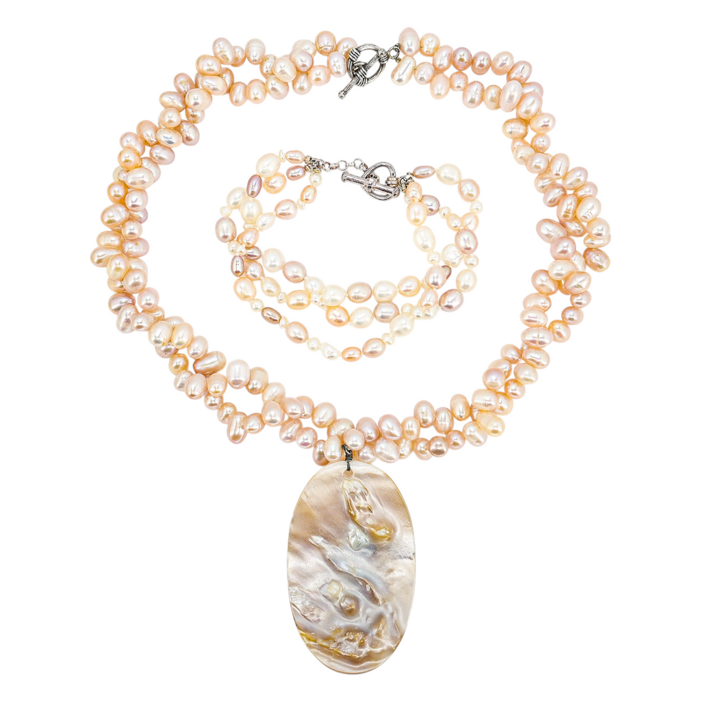 Freshwater Pearl Necklace & Bracelet Set with Large Oval Shell Pendant