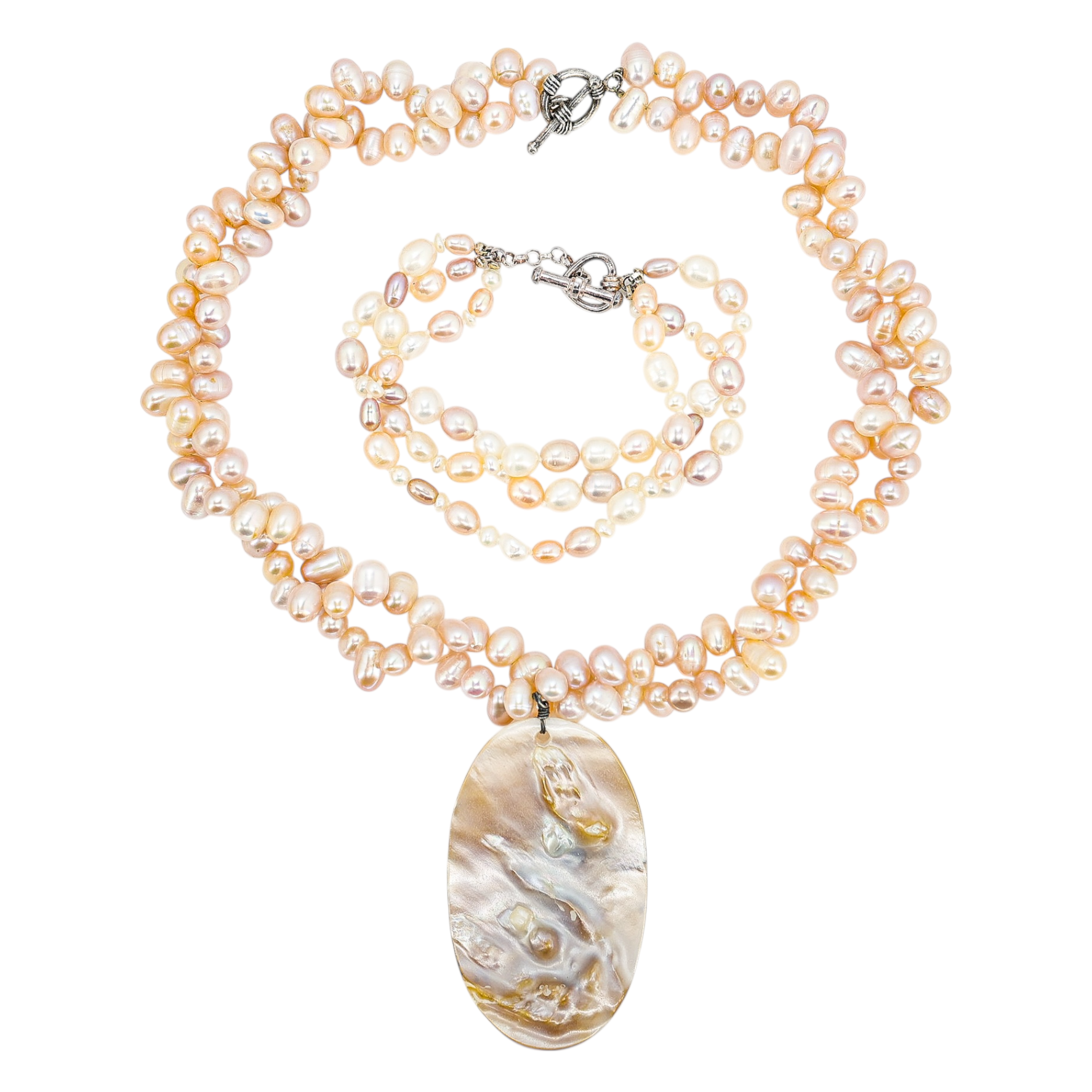 Freshwater Pearl Necklace & Bracelet Set with Large Oval Shell Pendant