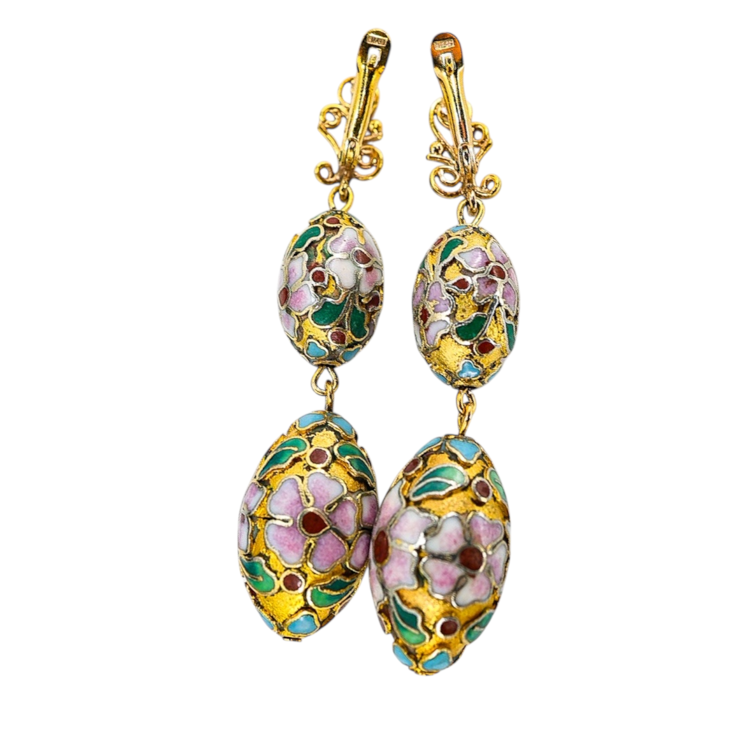 Vintage Cloisonne Floral Drop Dangle Earrings OOAK