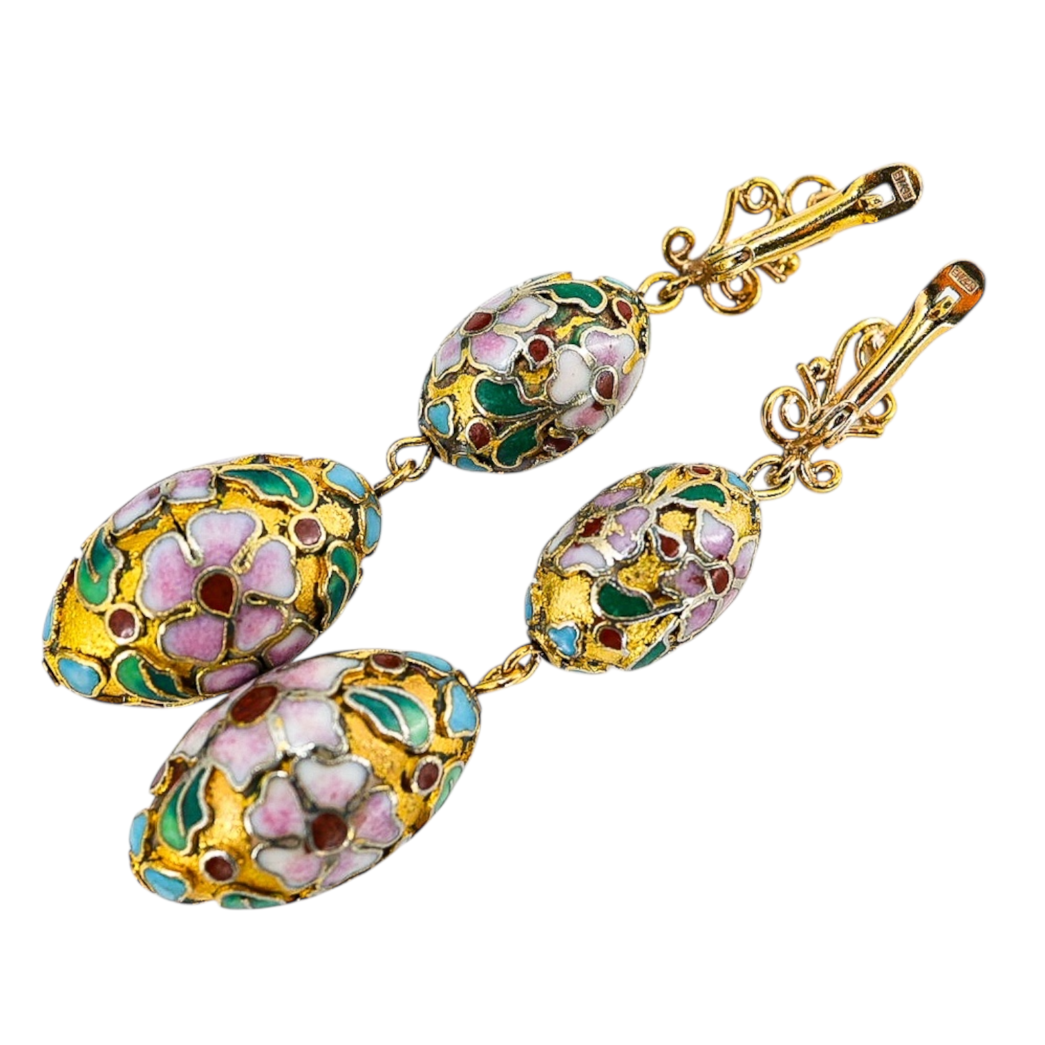 Vintage Cloisonne Floral Drop Dangle Earrings OOAK