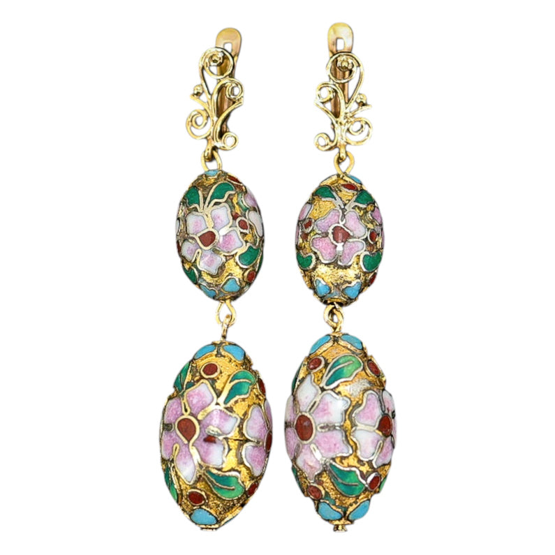 Vintage Cloisonne Floral Drop Dangle Earrings OOAK