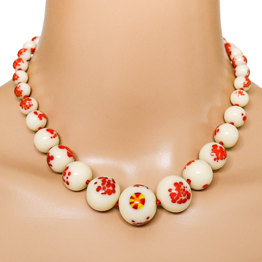 Vintage 1930s Venetian Custard Uranium Glass Necklace – Red Frit Beads, UV Reactive