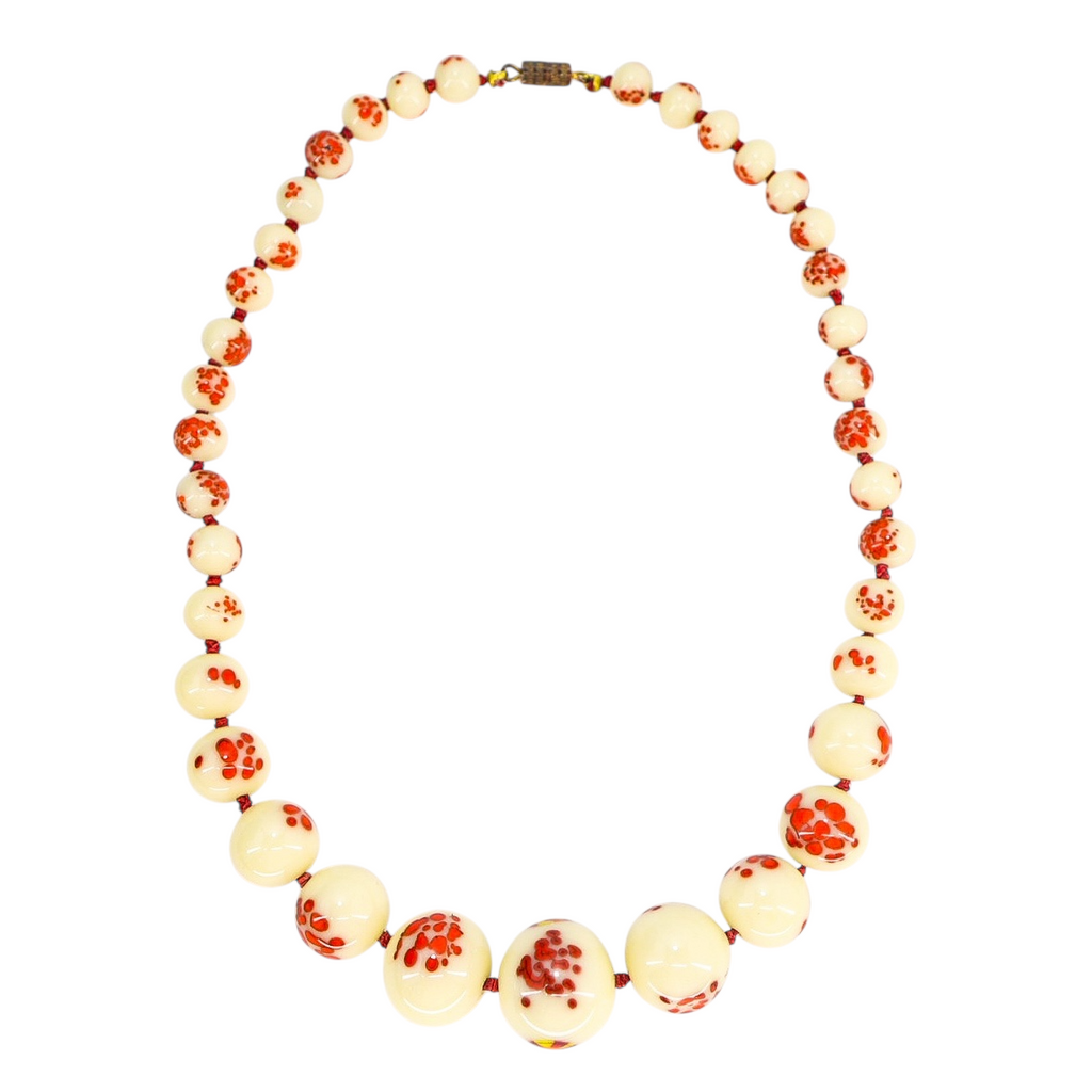 Vintage 1930s Venetian Custard Uranium Glass Necklace – Red Frit Beads, UV Reactive