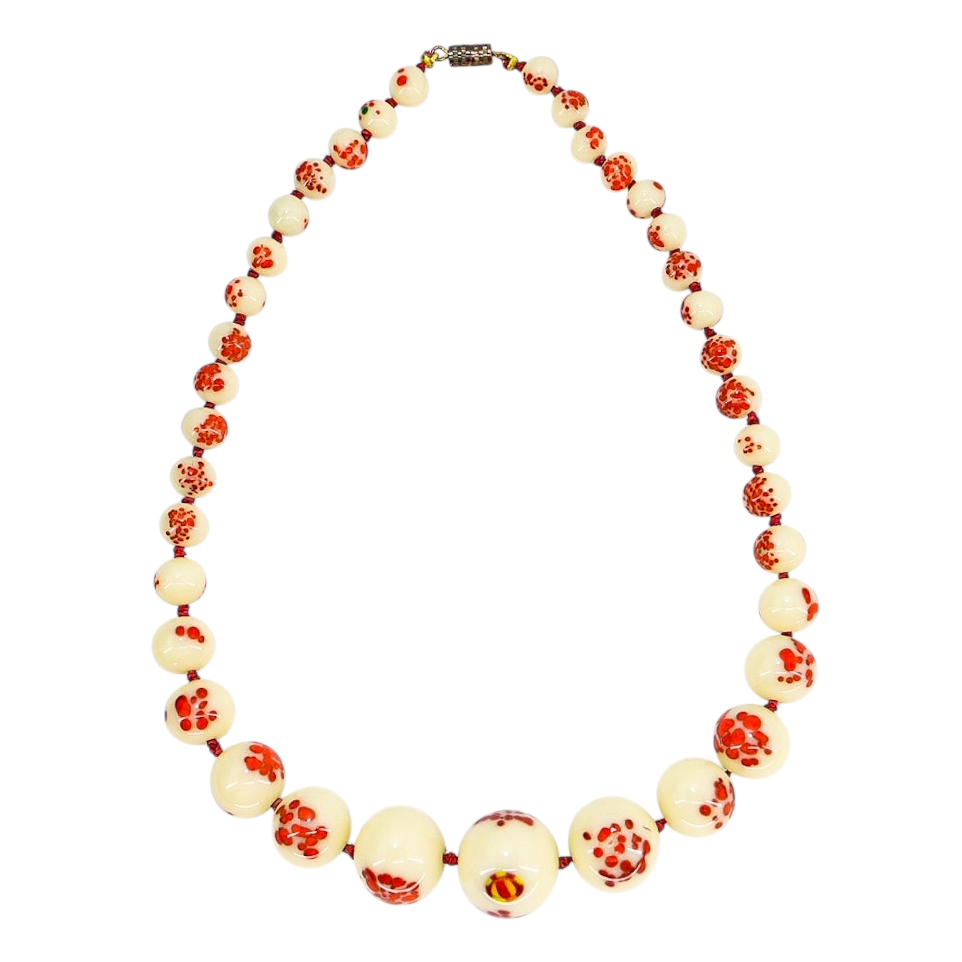 Vintage 1930s Venetian Custard Uranium Glass Necklace – Red Frit Beads, UV Reactive