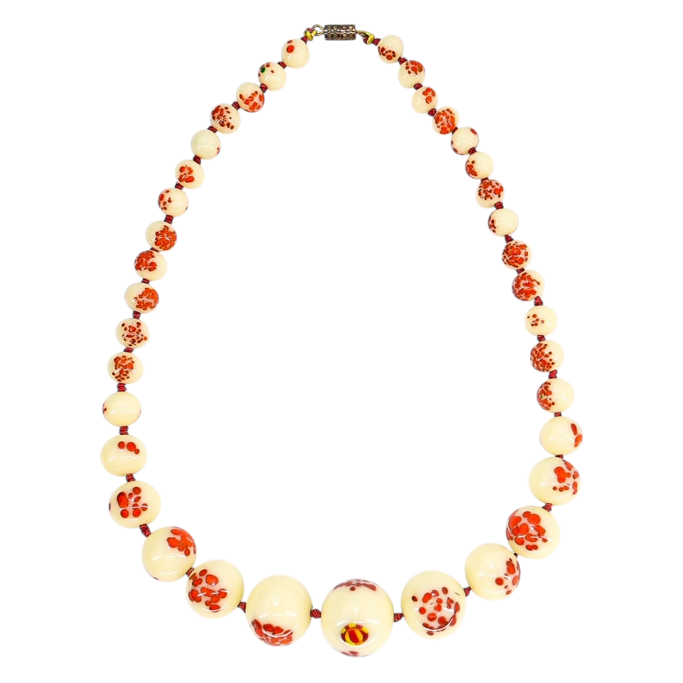 Vintage 1930s Venetian Custard Uranium Glass Necklace – Red Frit Beads, UV Reactive