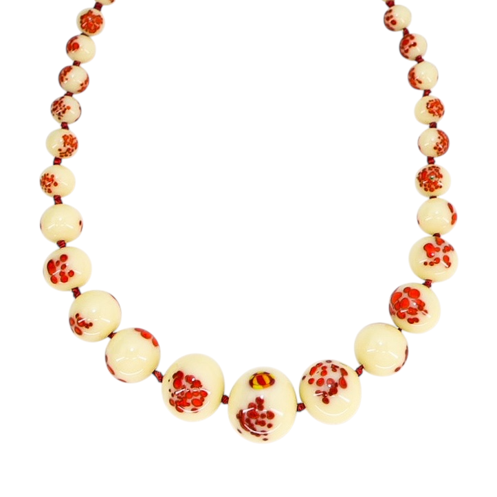 Vintage 1930s Venetian Custard Uranium Glass Necklace – Red Frit Beads, UV Reactive