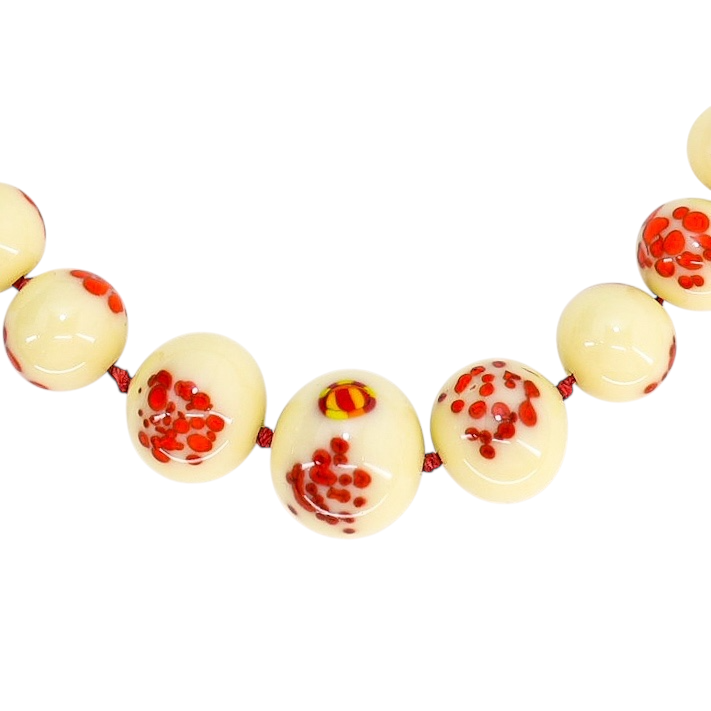 Vintage 1930s Venetian Custard Uranium Glass Necklace – Red Frit Beads, UV Reactive