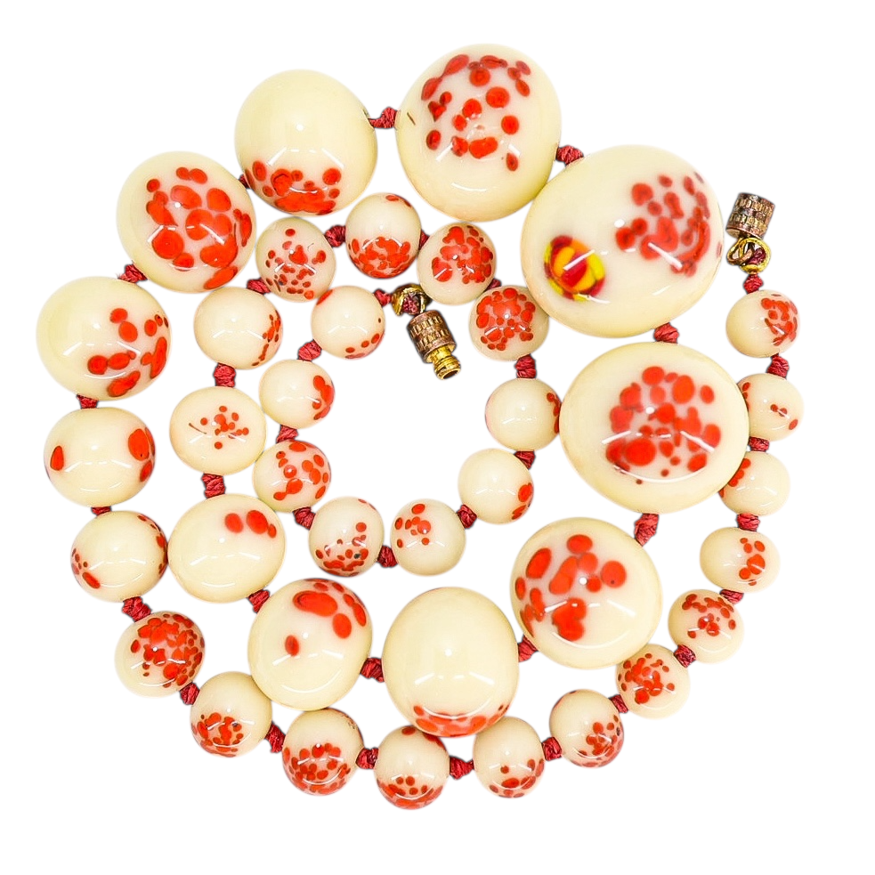 Vintage 1930s Venetian Custard Uranium Glass Necklace – Red Frit Beads, UV Reactive