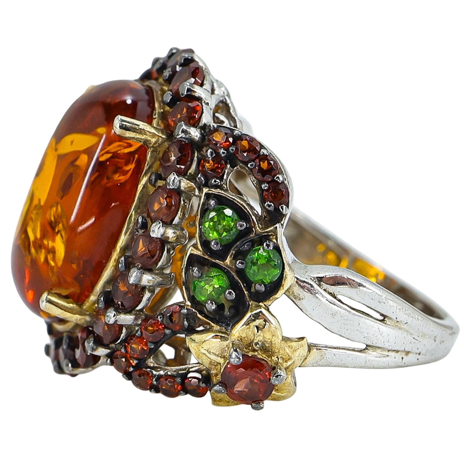 Whimsical Amber & Garnet Garden Ring in Sterling Silver - Size 9 - TJC 925 JS