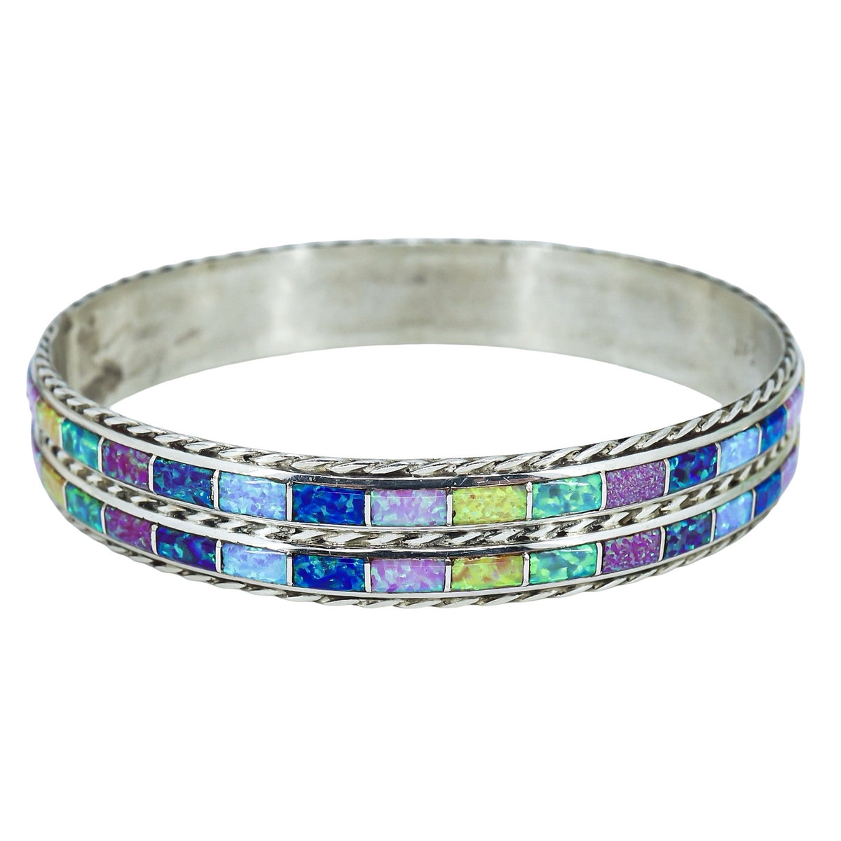 Jessica Chavez JPC Zuni Sterling Silver Double Row Multicolor Inlay Bangle 34.5g