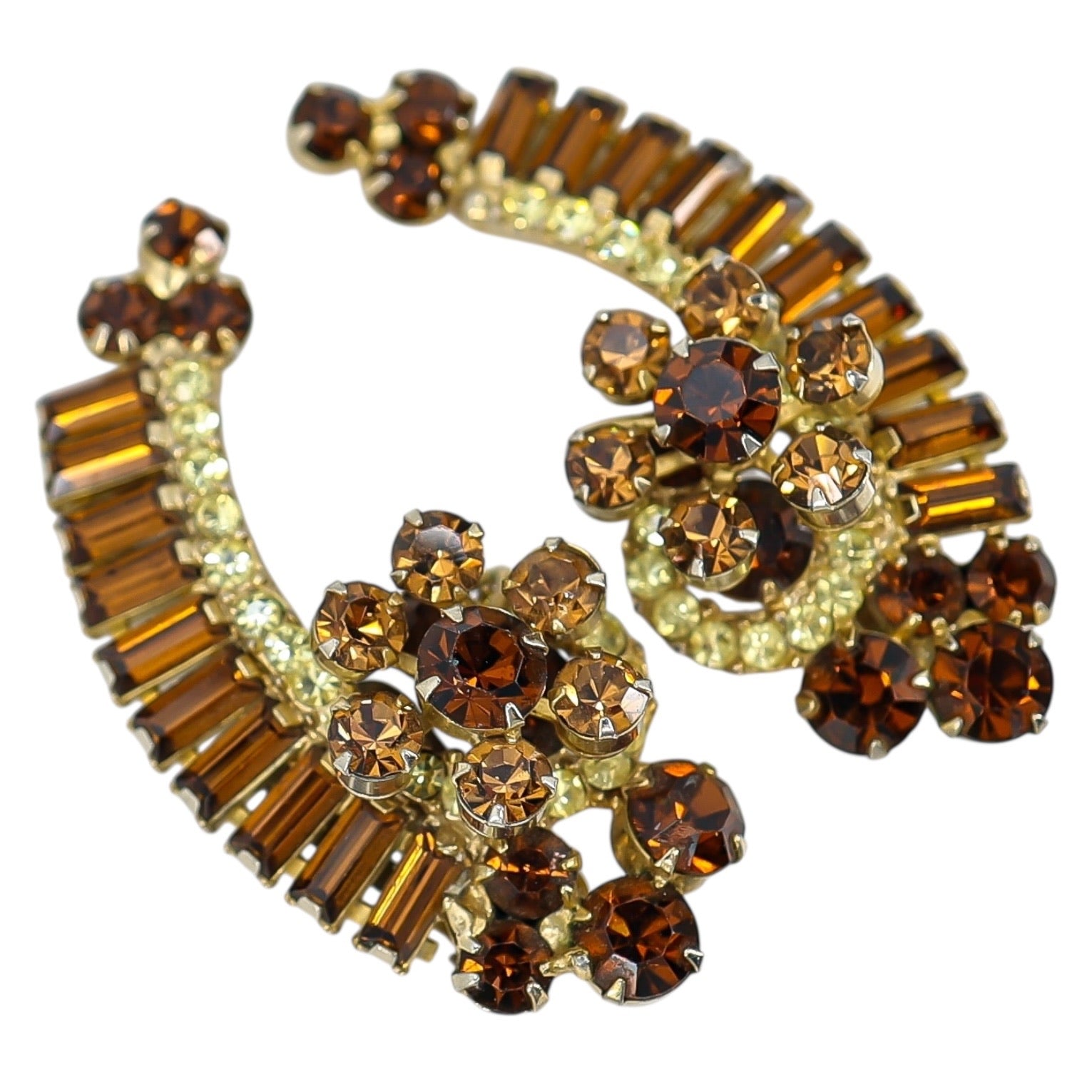 Juliana D&E 2” Topaz & Light Green Rhinestone Crescent Clip Earrings Vintage 5290 Style