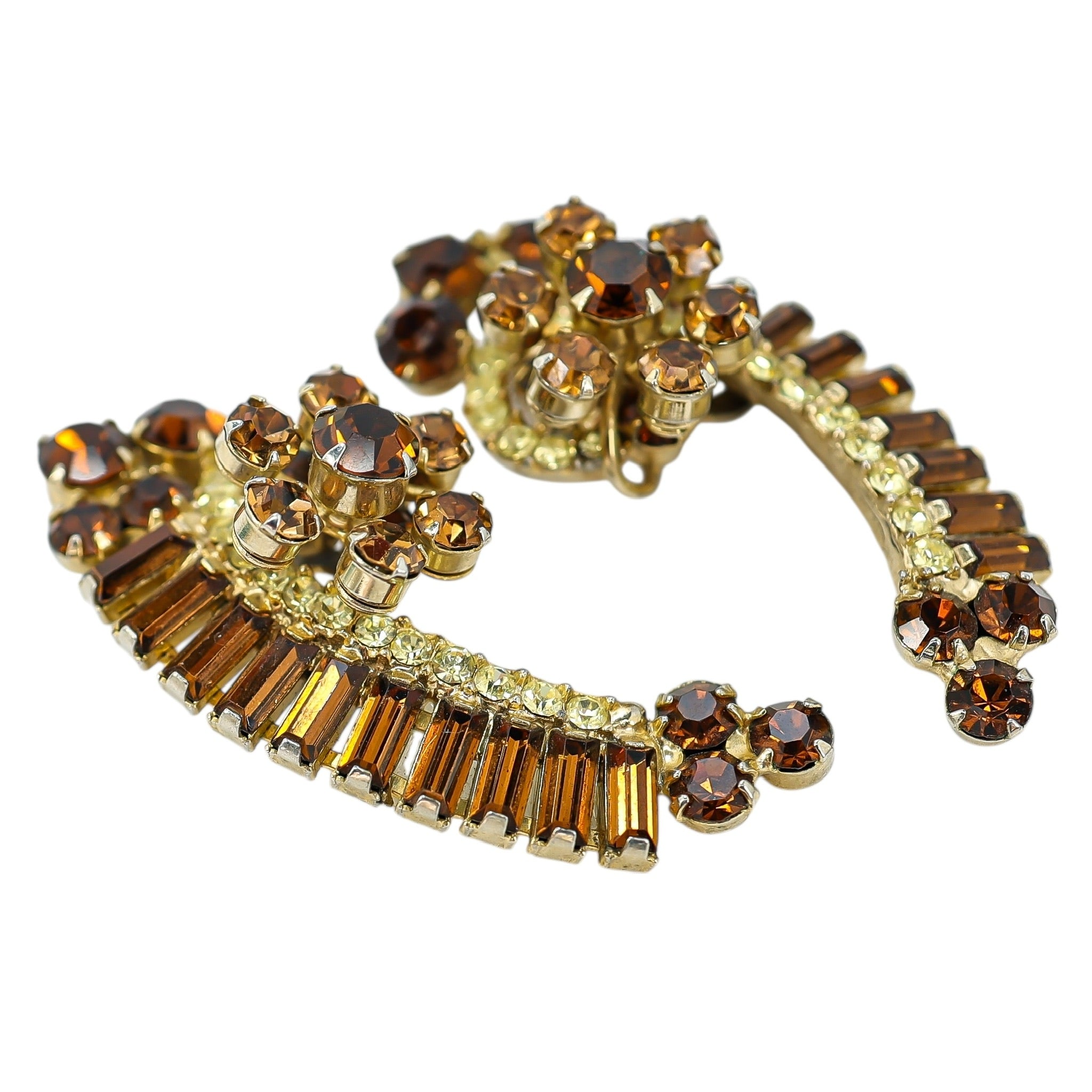 Juliana D&E 2” Topaz & Light Green Rhinestone Crescent Clip Earrings Vintage 5290 Style