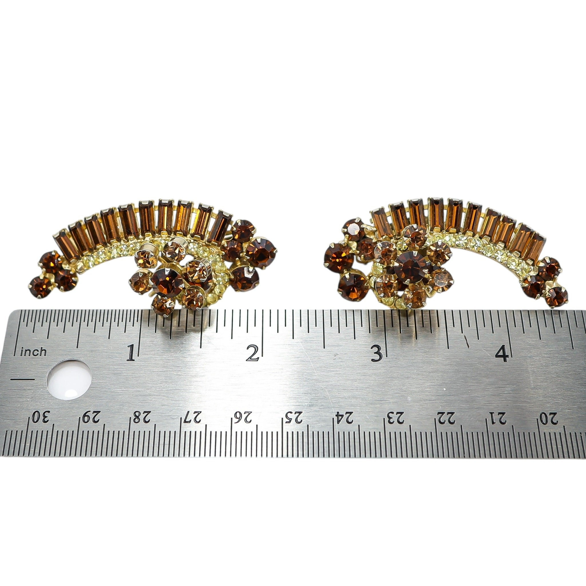 Juliana D&E 2” Topaz & Light Green Rhinestone Crescent Clip Earrings Vintage 5290 Style