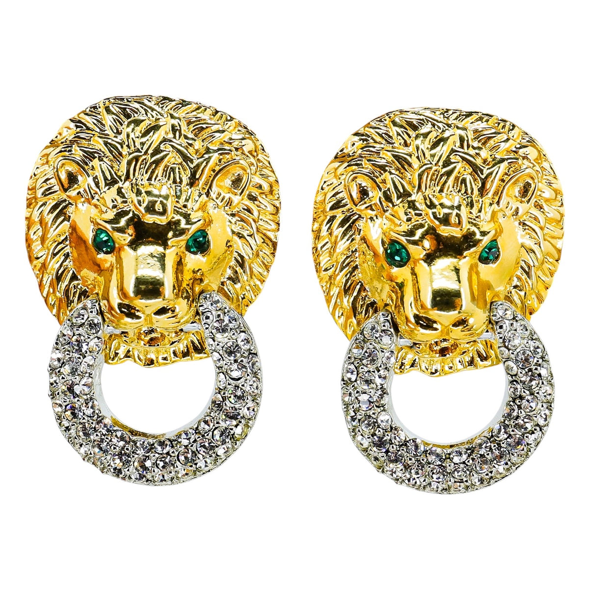 KJL Lion Rhinestone Door Knocker Green Eyes Clip On Earrings