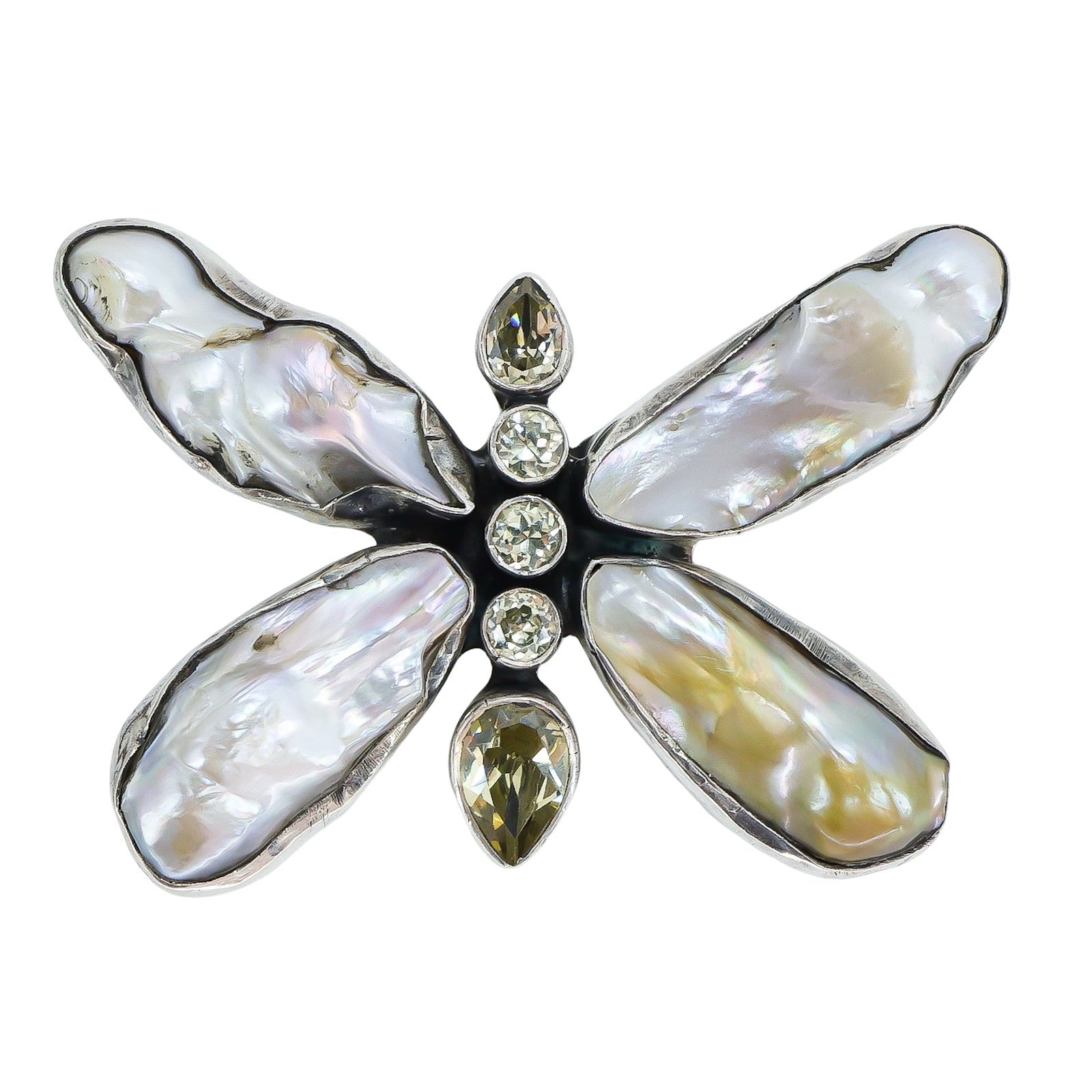 Large Artisan Sterling Silver Butterfly Pendant With Baroque Pearls And Lemon Quartz