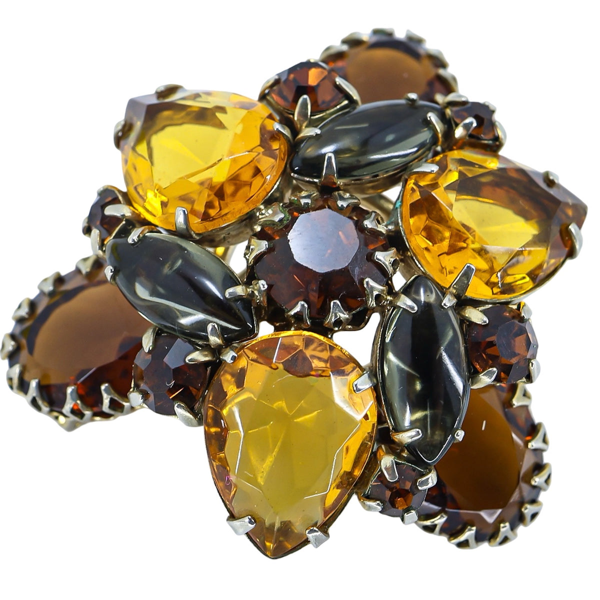 Vintage MCM Amber Tone Rhinestone Brooch - Large Statement Domed 3 Petal Design