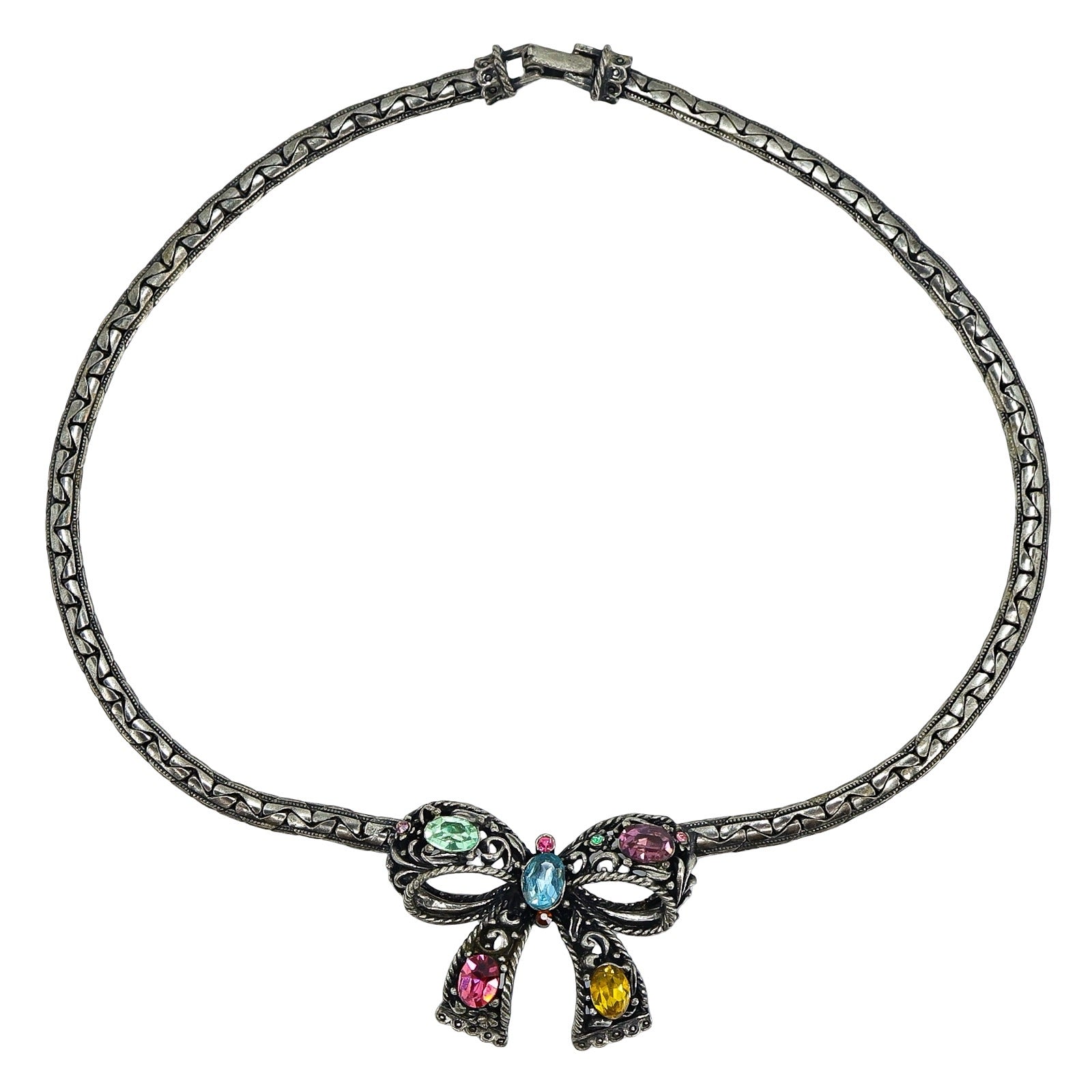 Vintage Rare 50s Signed Coro Multicolored Rhinestone Bow Choker Silver Tone