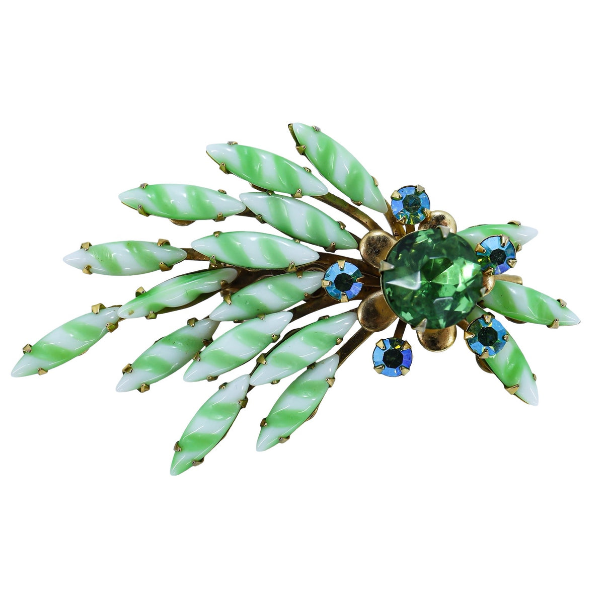 Vintage MCM Green Striped Glass Rhinestone Brooch – Large Floral Spray 2 7/8”
