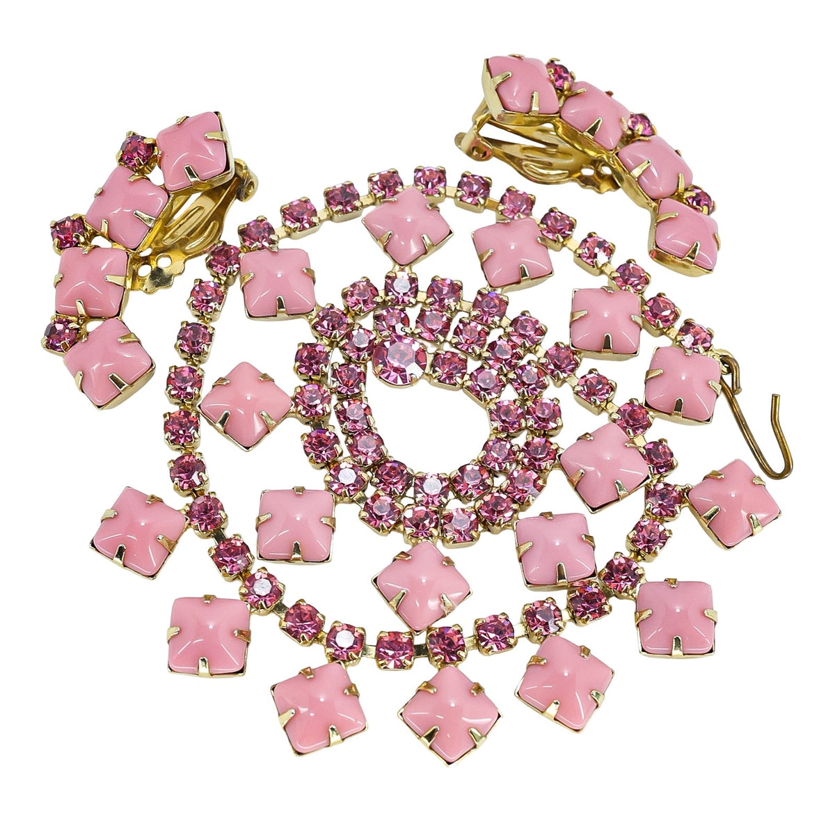 Vintage Pink Satin Glass Rhinestone Choker Necklace W Teardrop Accents – 15”