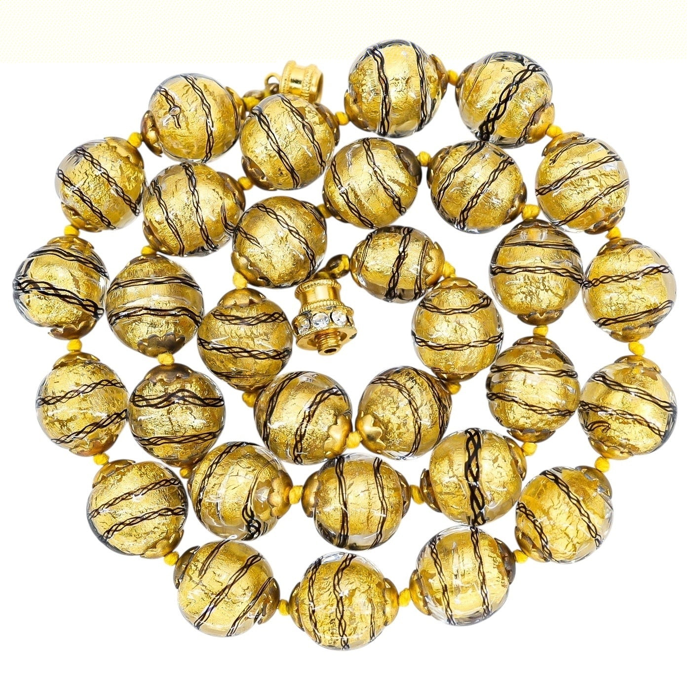 Murano Gold Foil Sommerso And Filigrana Spiral Black Thread Necklace 23”