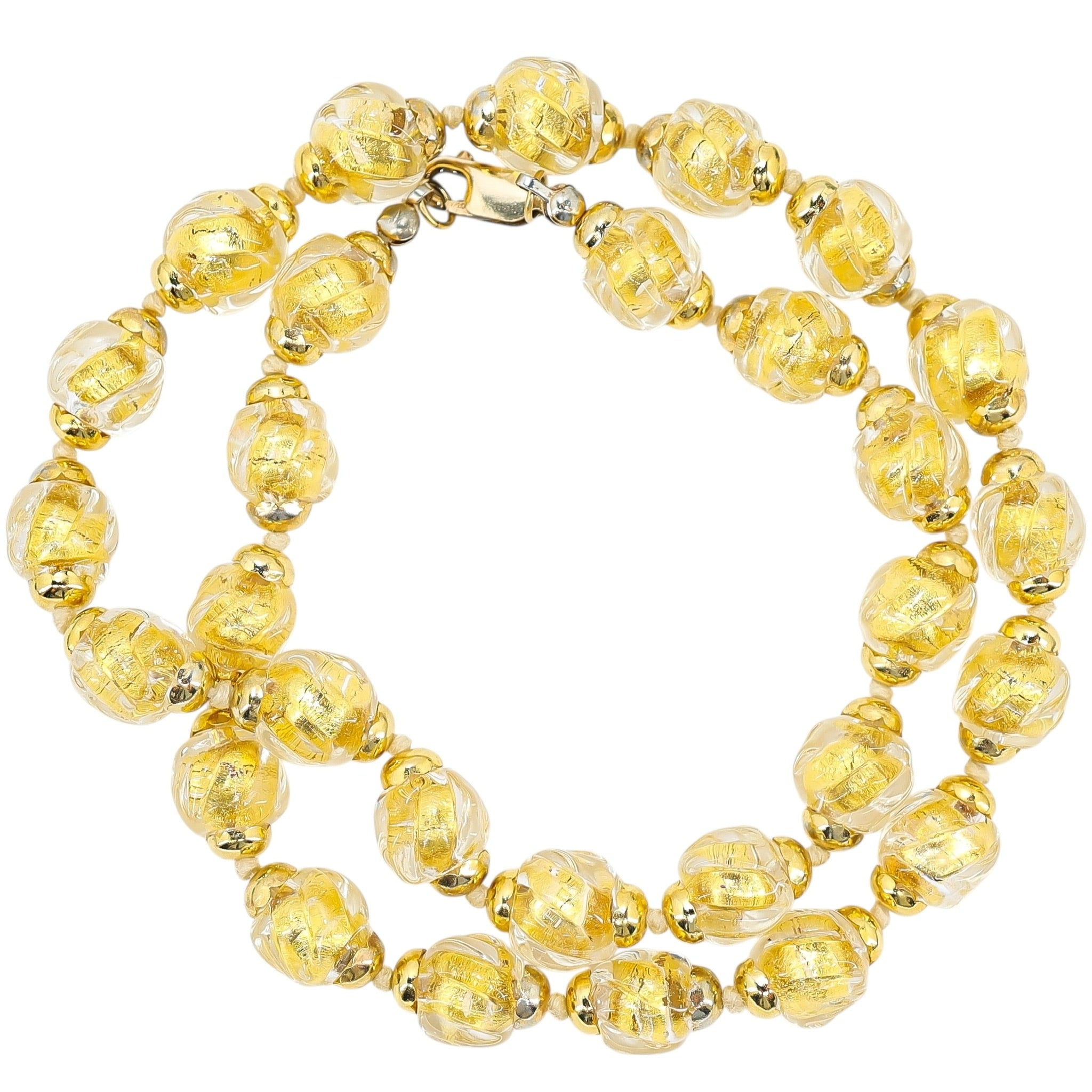 Vintage Murano Gold Foil Beads Sommerso - Ribbed & Twisted Beads Necklace - Gold Filled Clasp/Caps