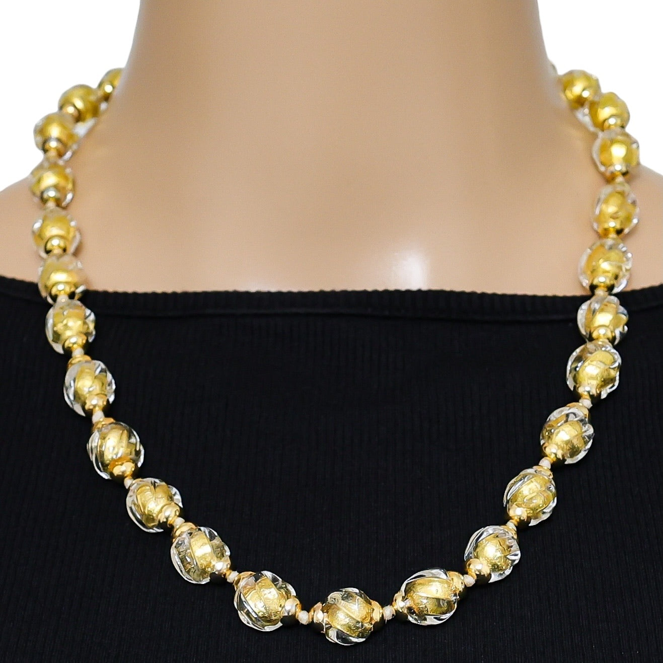 Vintage Murano Gold Foil Beads Sommerso - Ribbed & Twisted Beads Necklace - Gold Filled Clasp/Caps