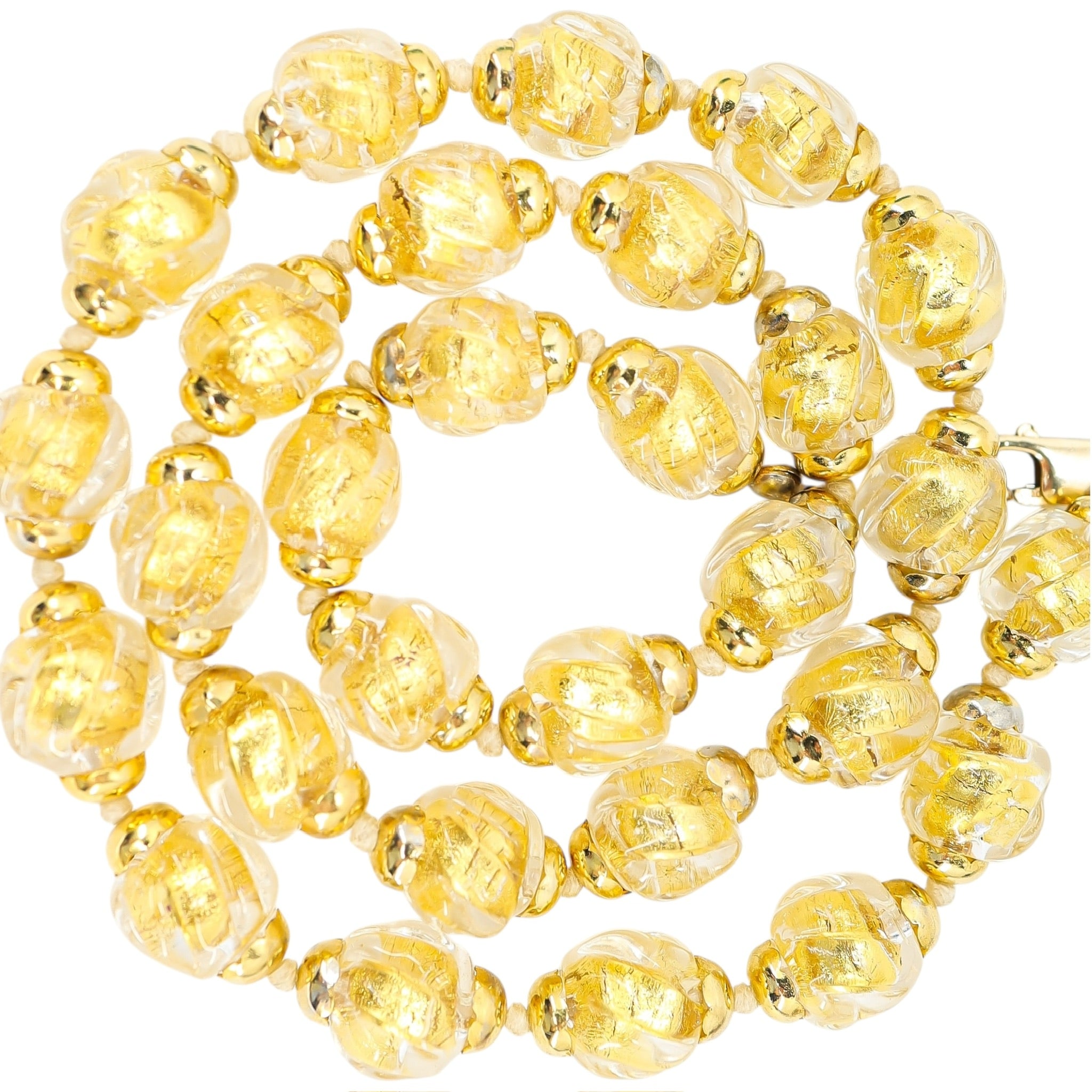 Vintage Murano Gold Foil Beads Sommerso - Ribbed & Twisted Beads Necklace - Gold Filled Clasp/Caps