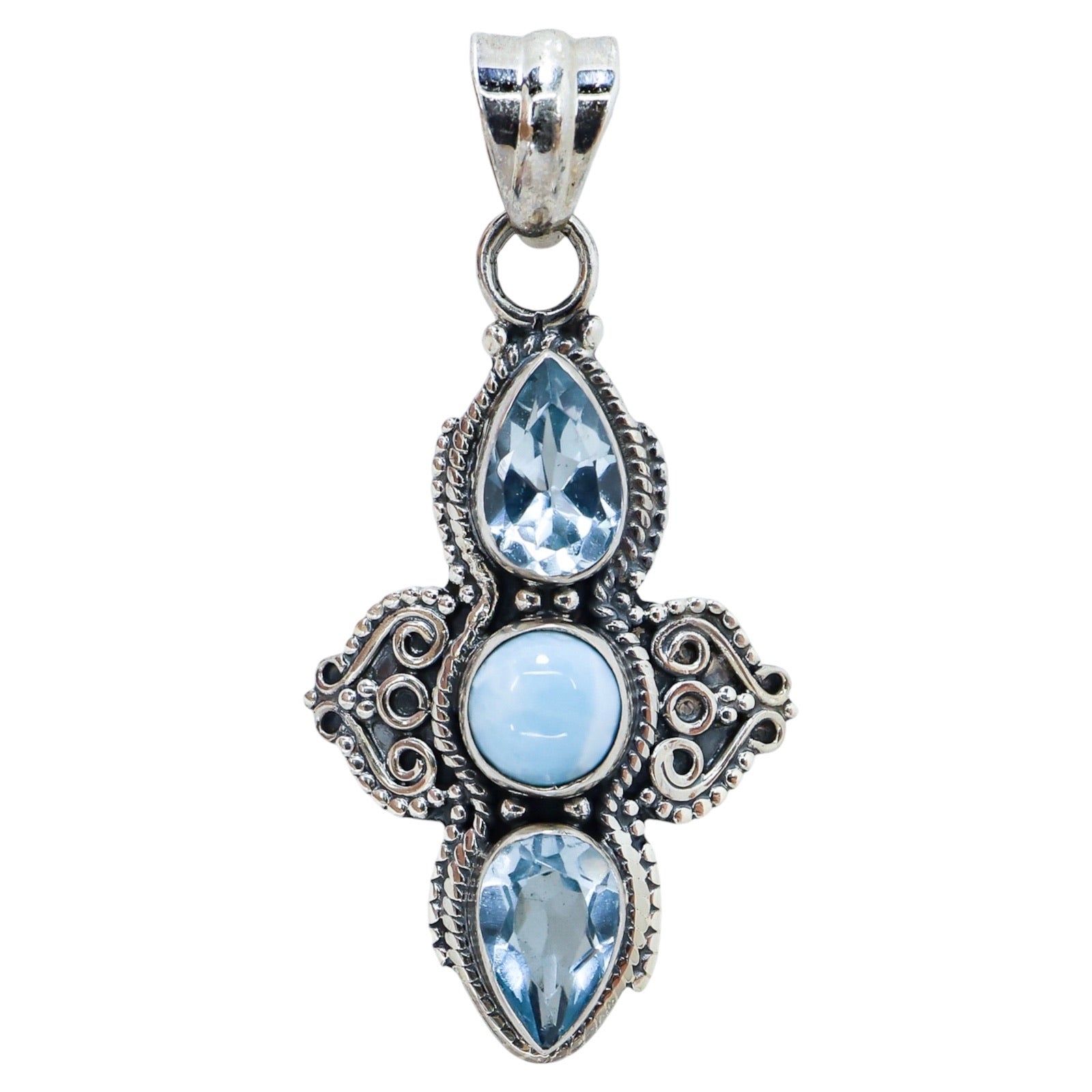 PTI India 925 Sterling Silver Larimar & Blue Topaz Cross Pendant 1.5”