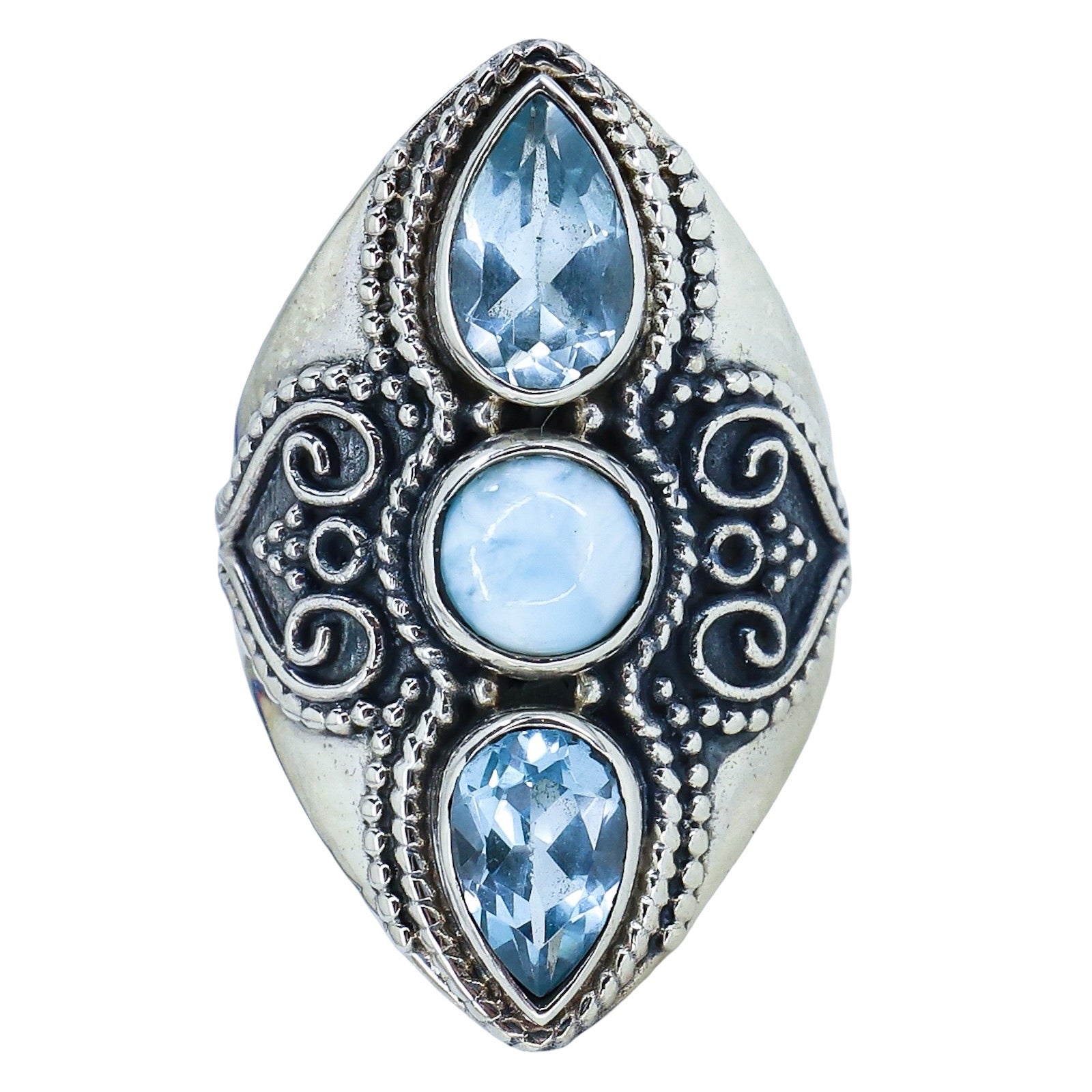 PTI India 925 Sterling Silver Larimar & Blue Topaz Statement Ring Size 7