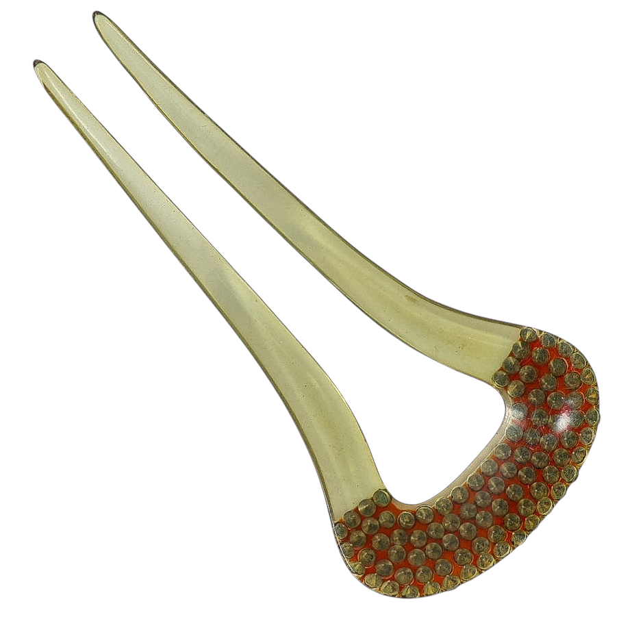 Antique 1920s Gatsby Art Deco Hair Fork – Amber Rhinestone Celluloid Comb