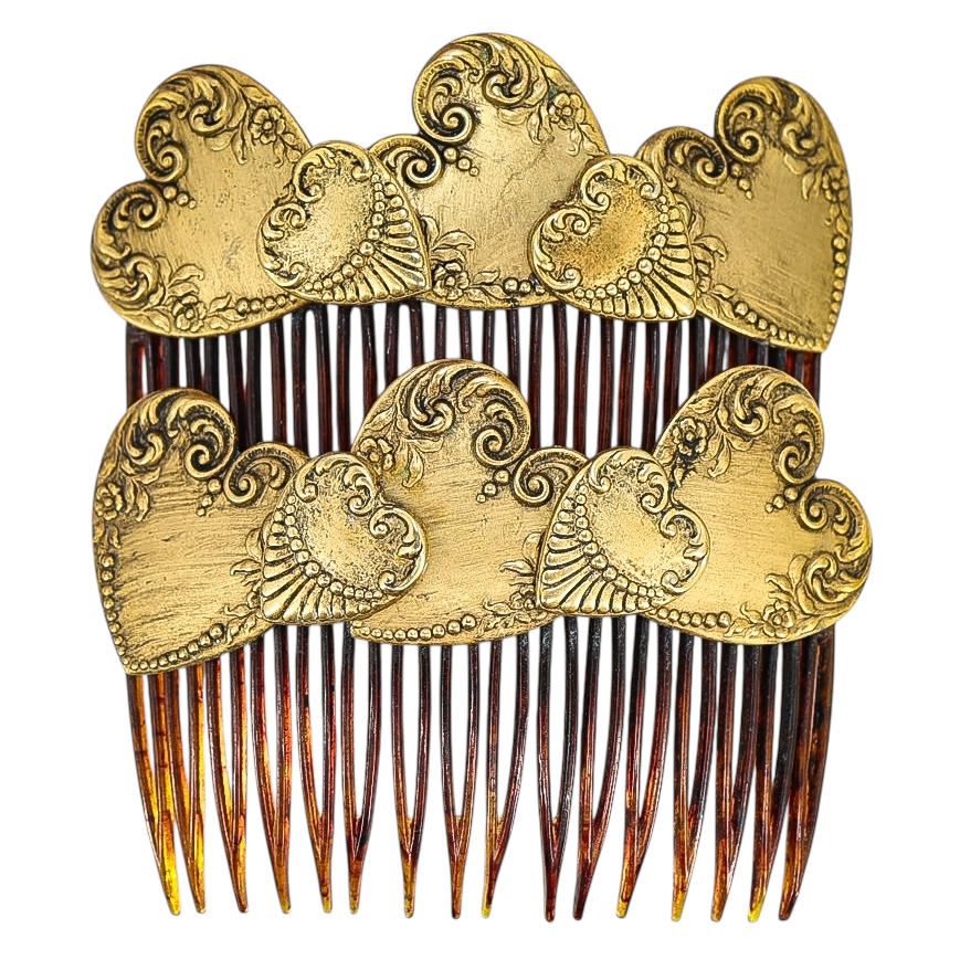 Vintage Goody Hair Combs – Victorian Revival Gold Hearts Romantic Pair