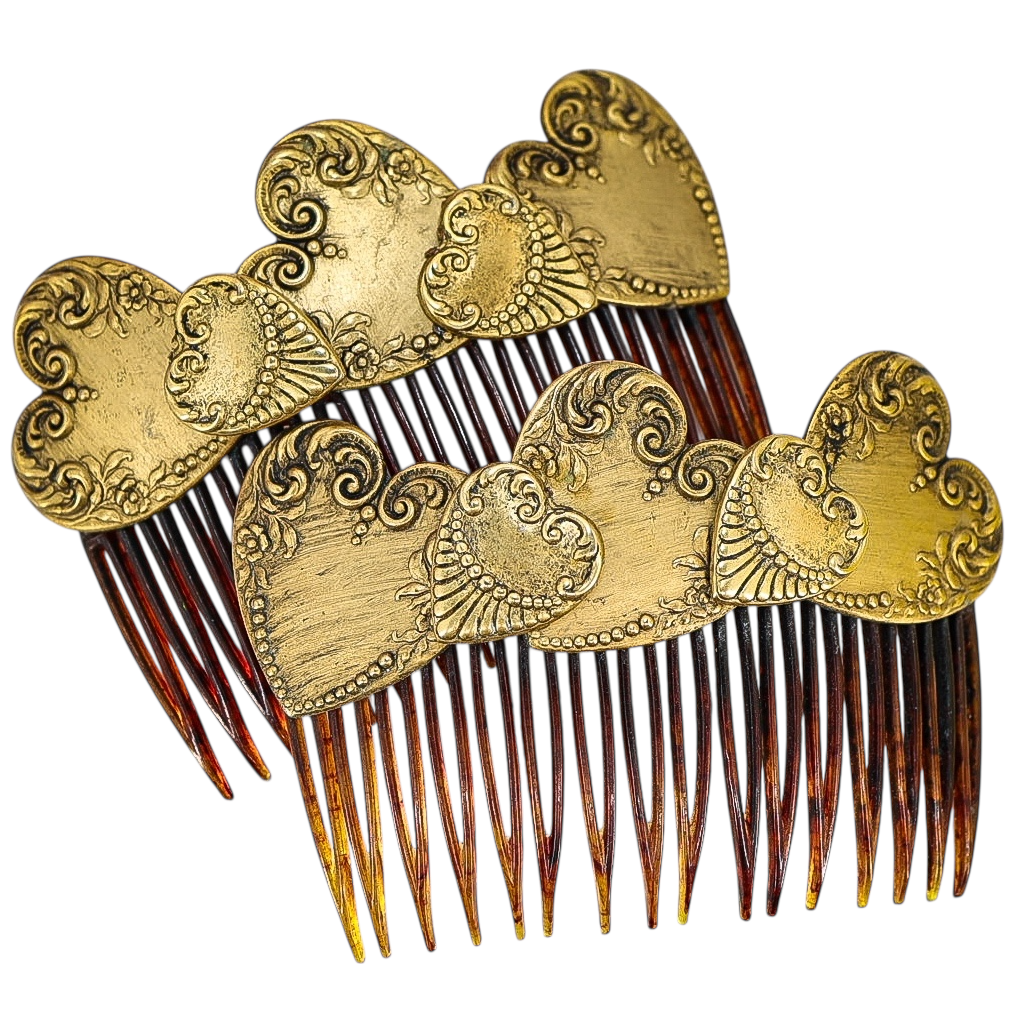 Vintage Goody Hair Combs – Victorian Revival Gold Hearts Romantic Pair