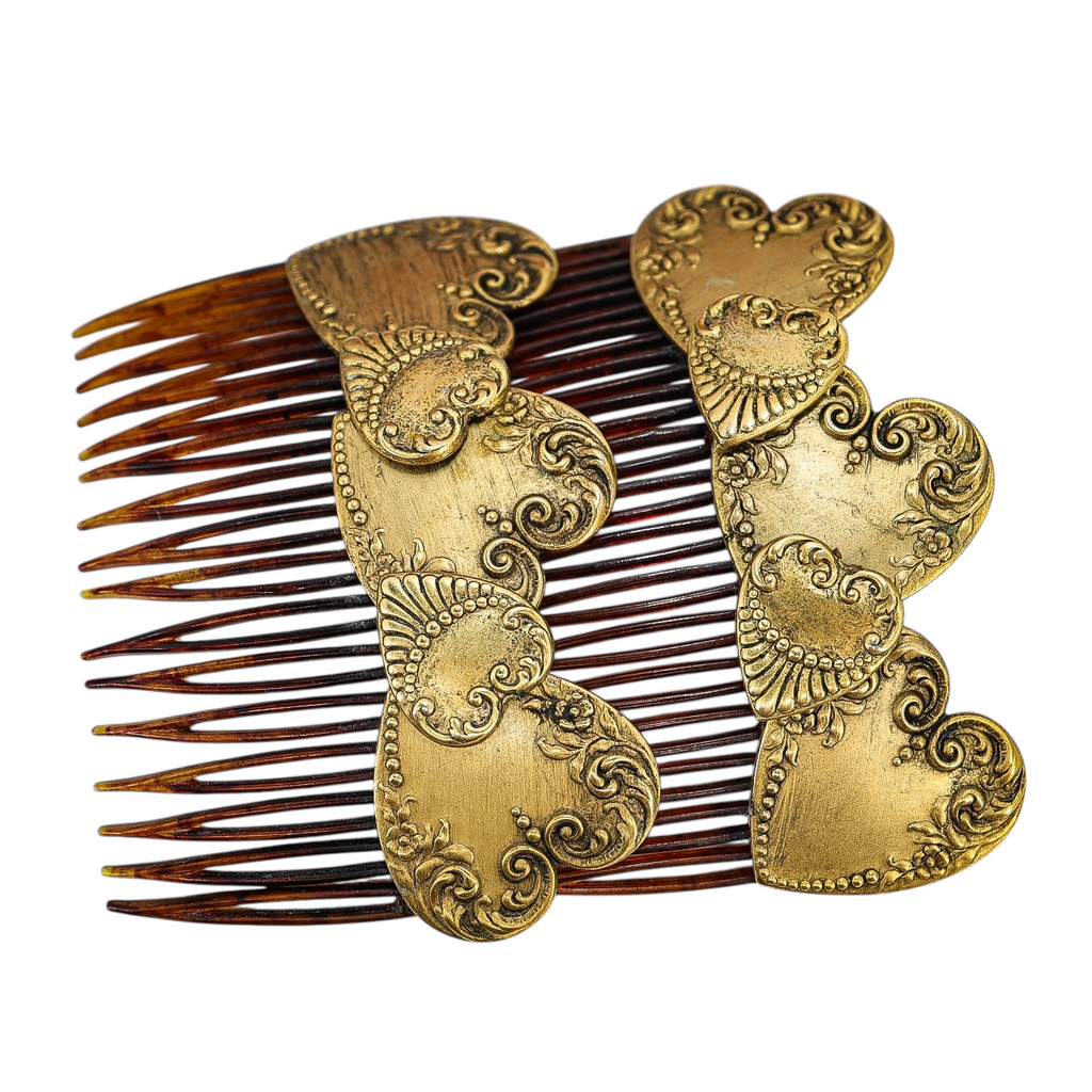 Vintage Goody Hair Combs – Victorian Revival Gold Hearts Romantic Pair