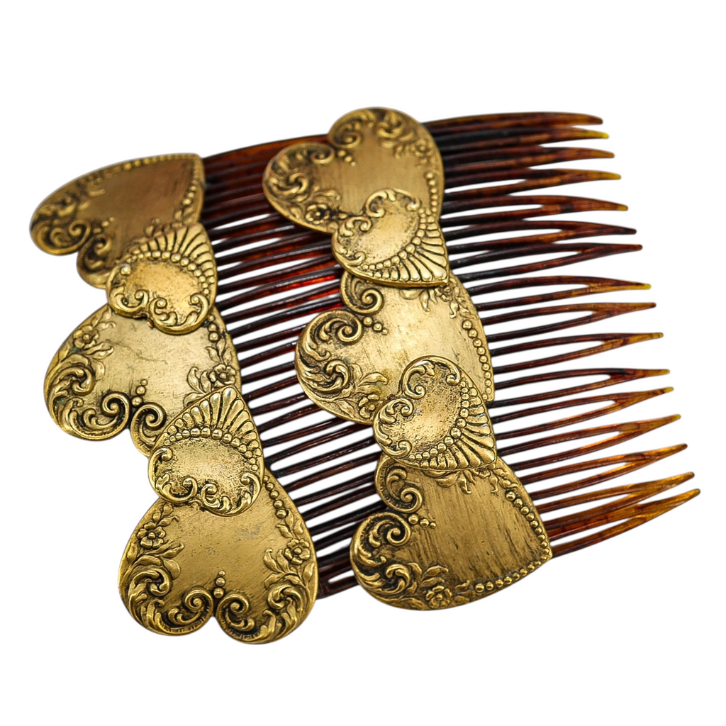 Vintage Goody Hair Combs – Victorian Revival Gold Hearts Romantic Pair
