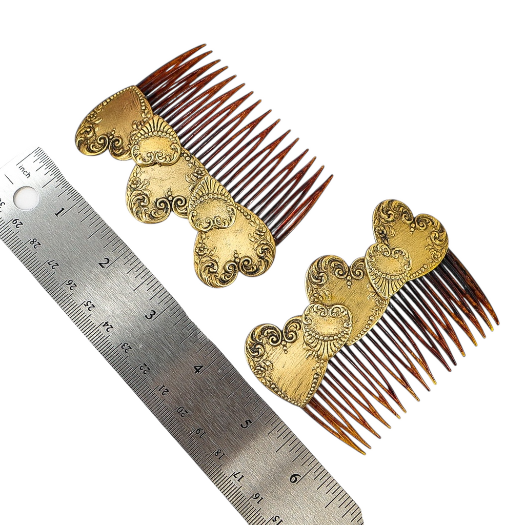 Vintage Goody Hair Combs – Victorian Revival Gold Hearts Romantic Pair