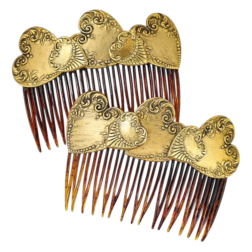 Vintage Goody Hair Combs – Victorian Revival Gold Hearts Romantic Pair