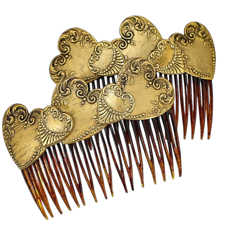 Vintage Goody Hair Combs – Victorian Revival Gold Hearts Romantic Pair