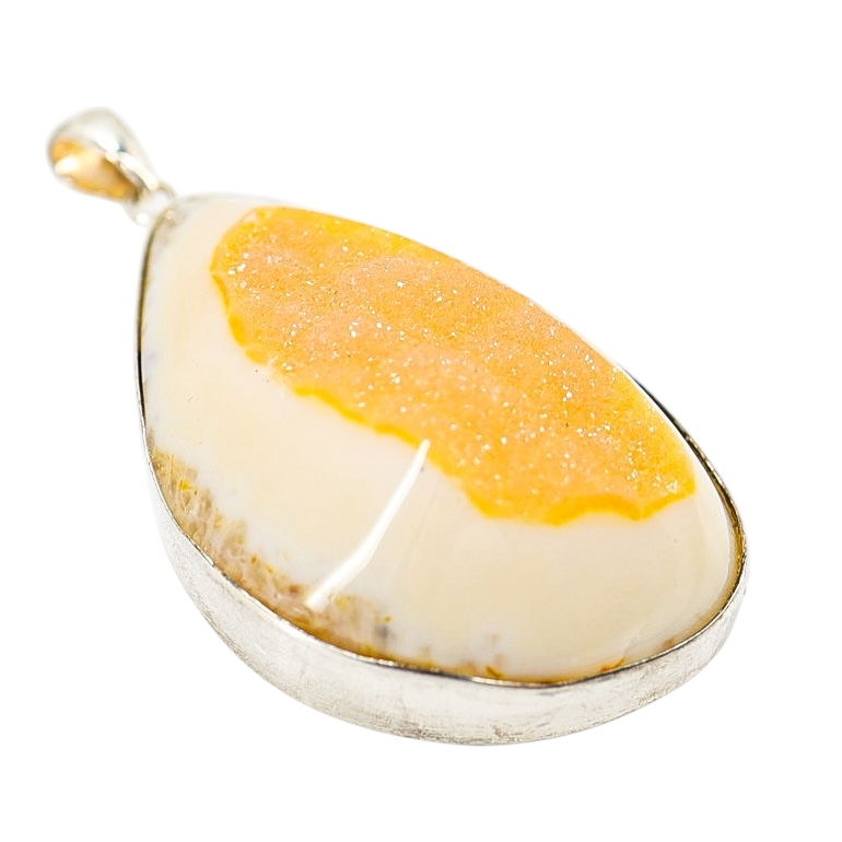 Yellow Druzy Agate Organic Freeform Modernist Pendant in Sterling Silver